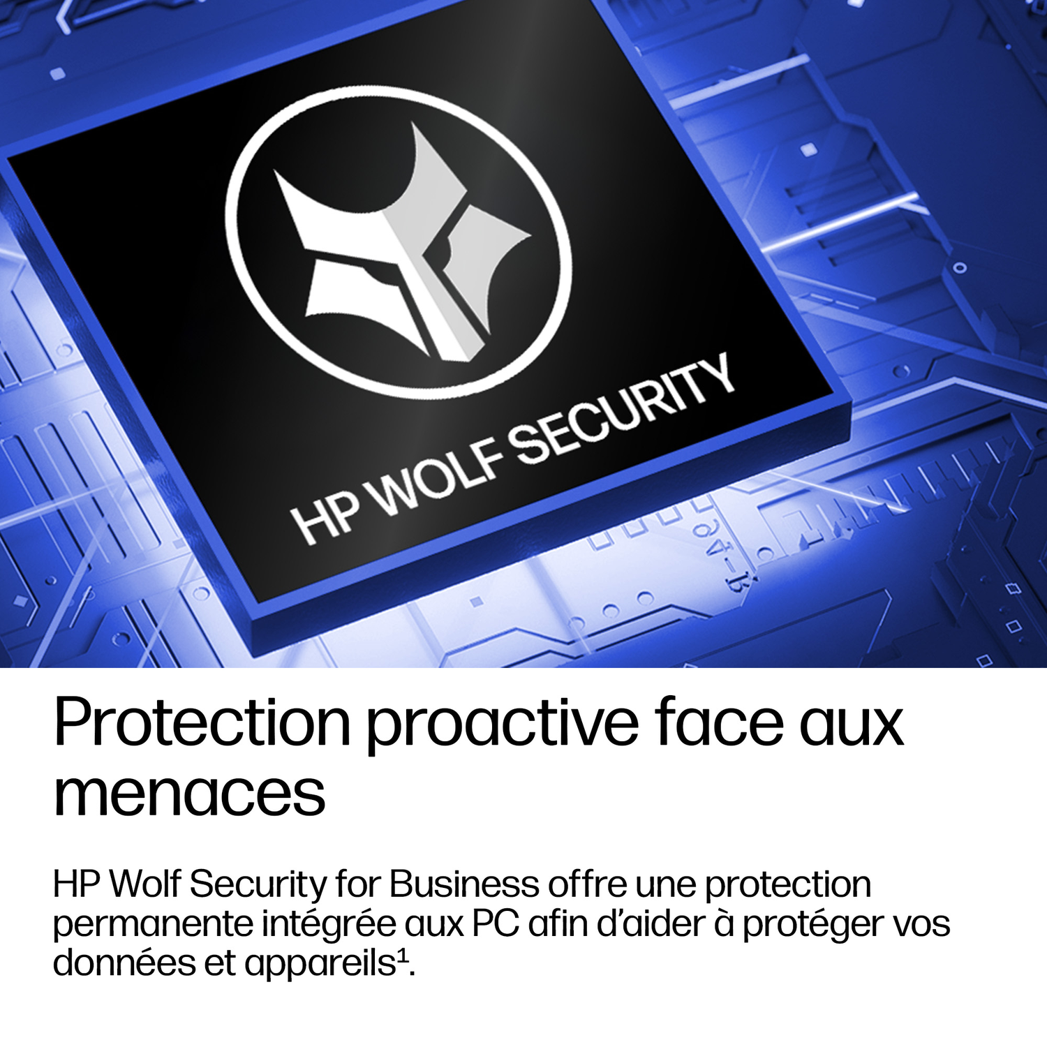 Une tête de loup argentée sur un carré noir avec "HP WOLF SECURITY" en dessous.