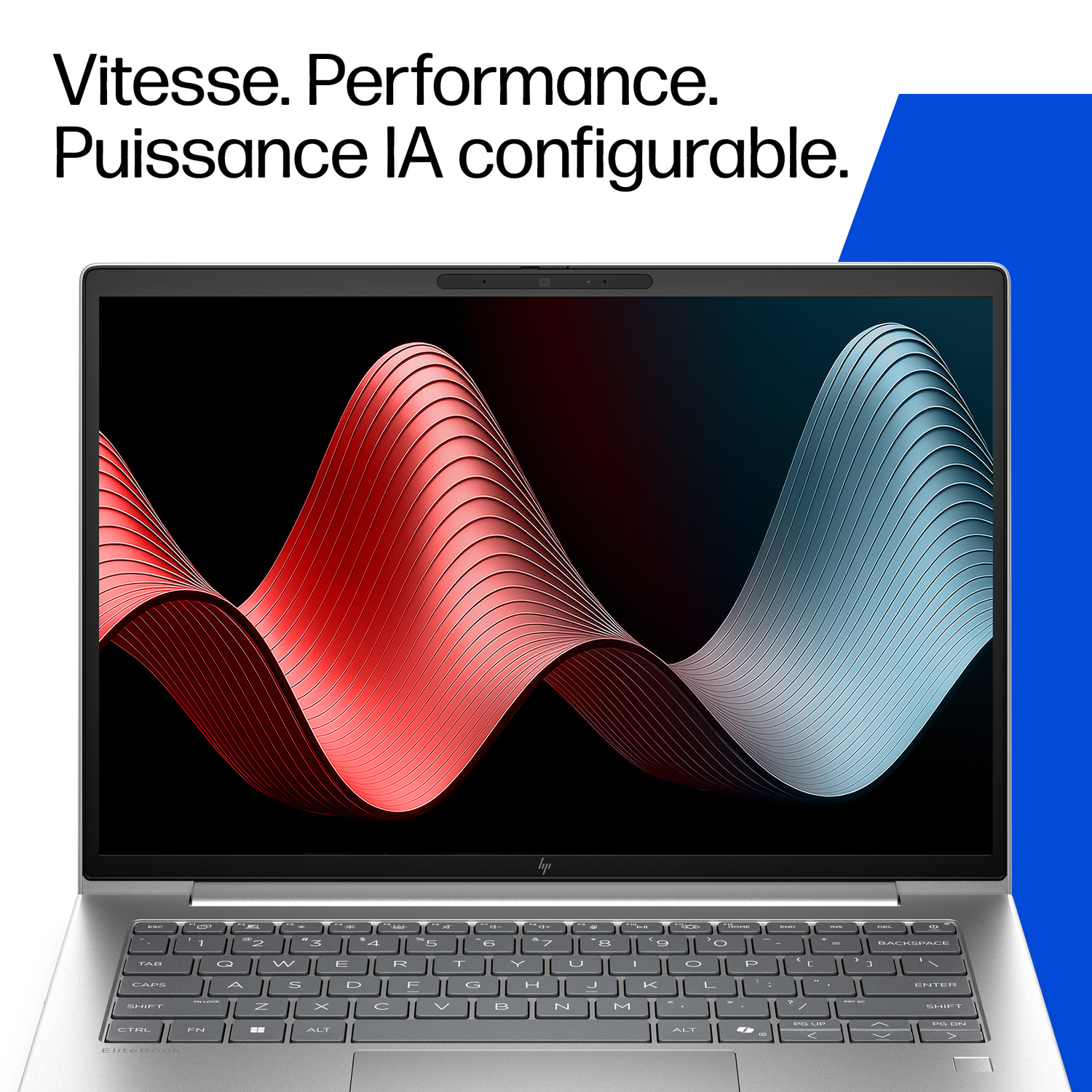 Un ordinateur portable HP EliteBook argenté est ouvert, affichant un fond d'écran de vagues rouges et bleues.