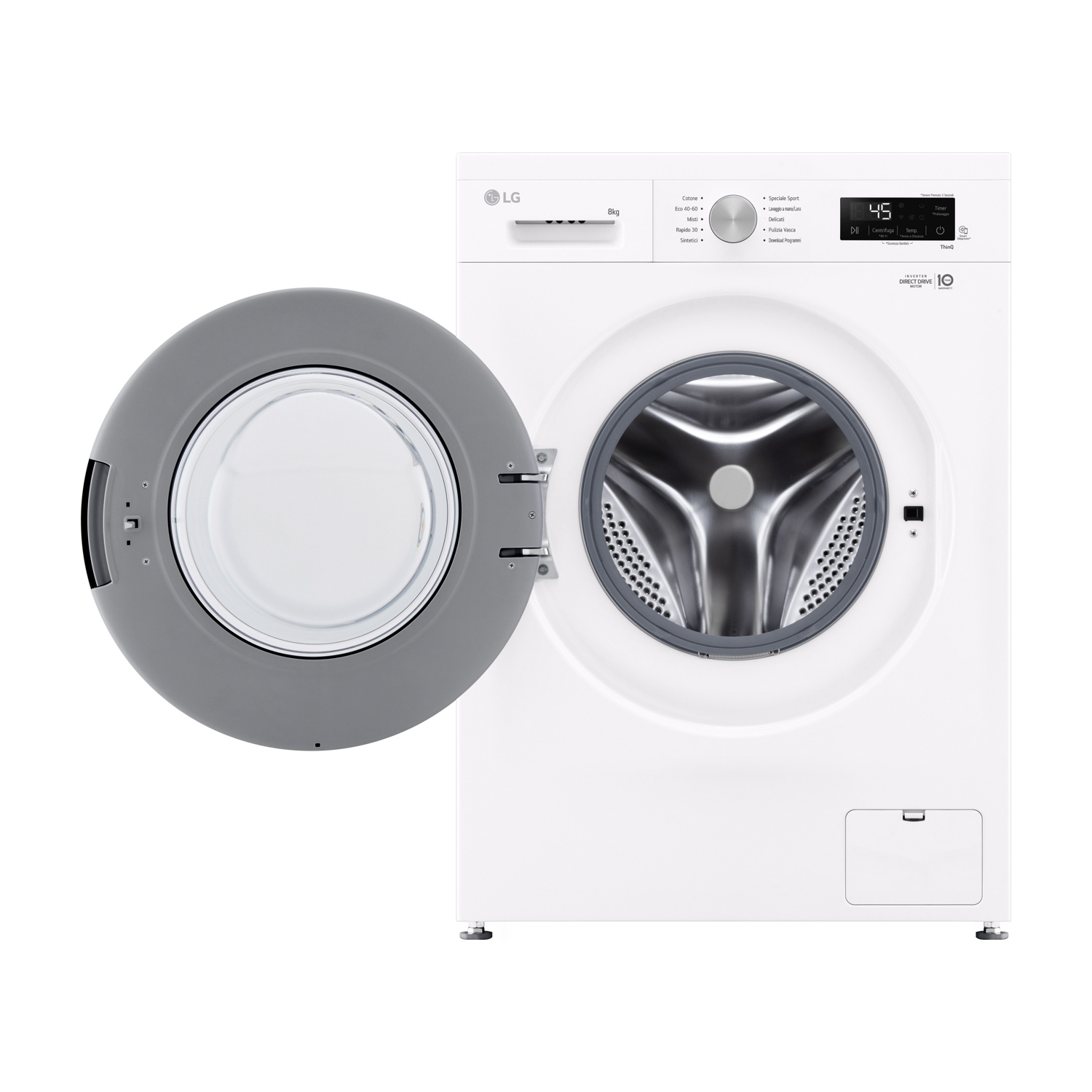 Lavatrice LG bianca con porta aperta e display.