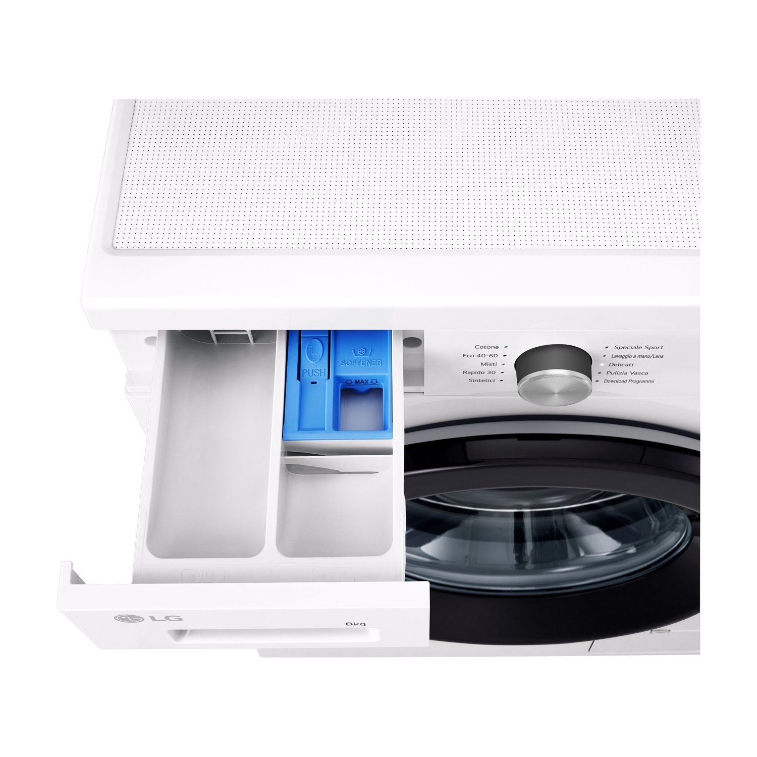 Una lavatrice LG bianca con cassetto detersivo aperto, capacità 8kg.