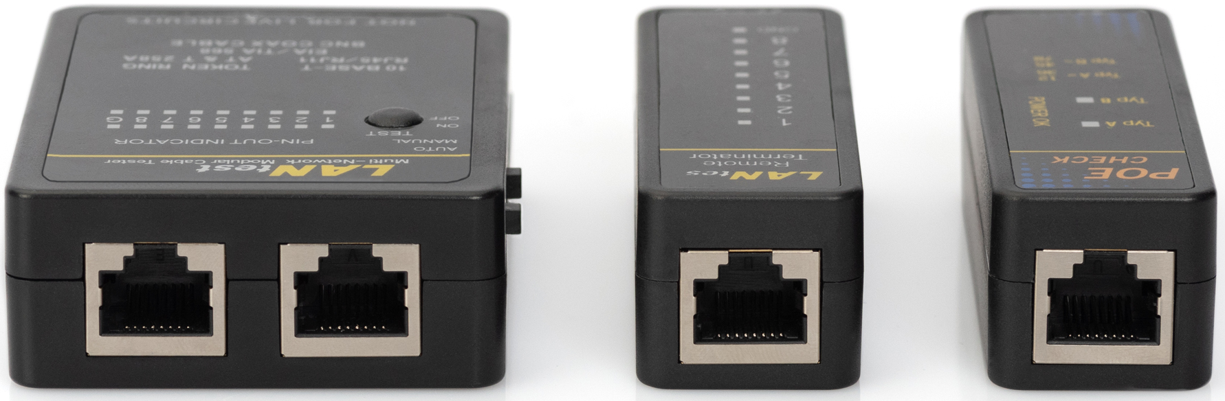 Drei schwarze Netzwerktester mit RJ45-Anschlüssen und Beschriftungen.