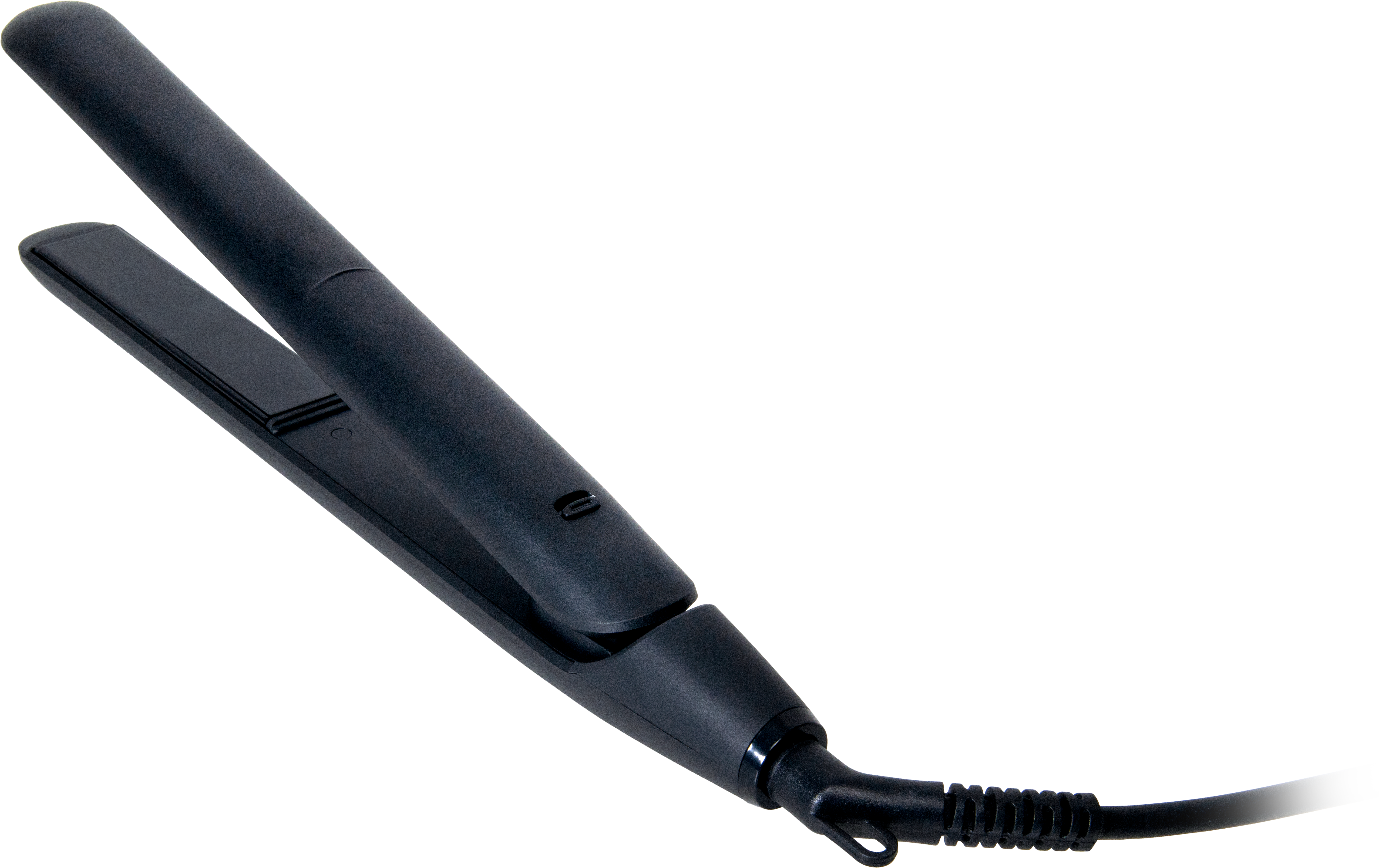 Ein schwarzer Haarglätter mit Kabel auf schwarzem Hintergrund.