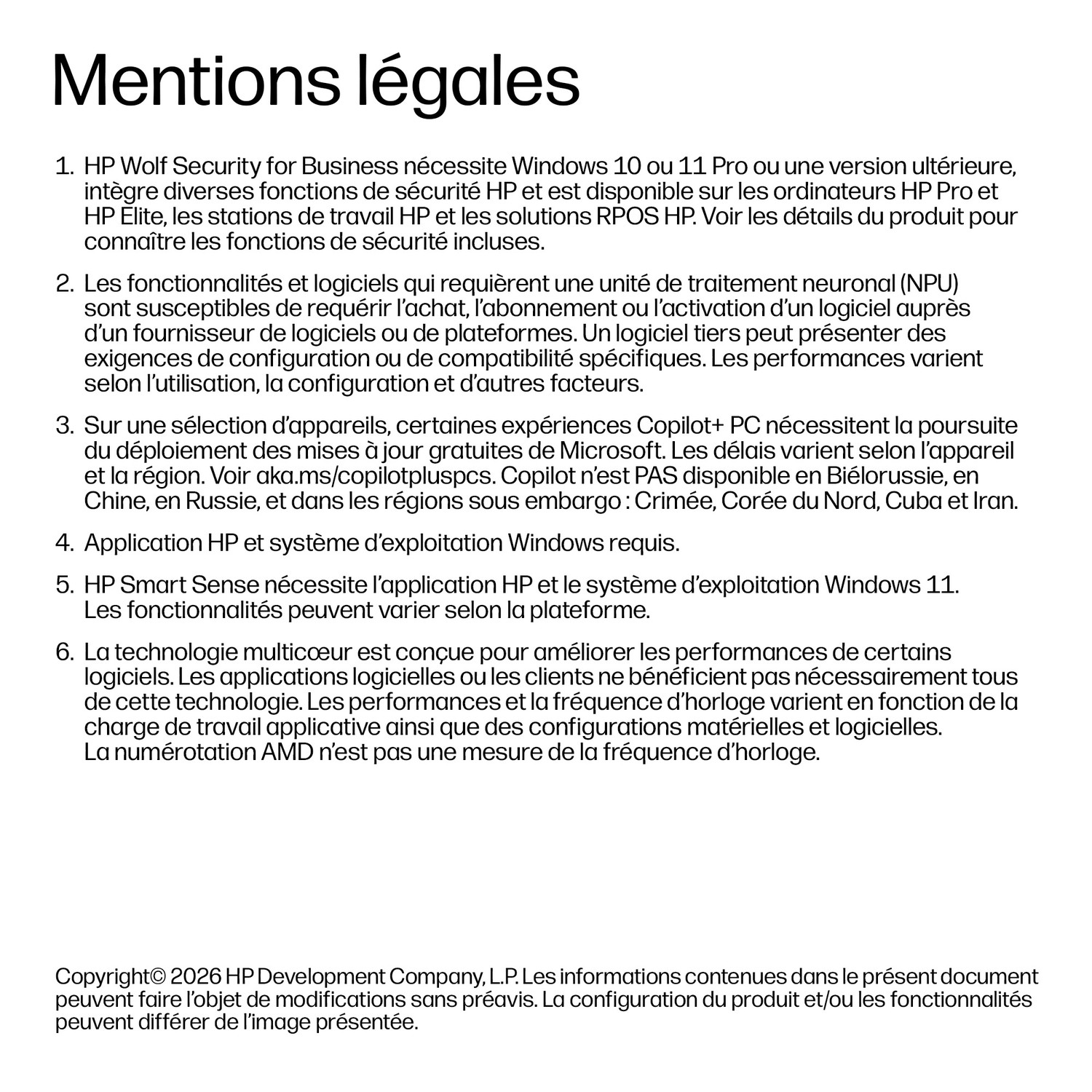 Mentions légales : HP Wolf Security, NPU, Copilot+ PC, HP Smart Sense, technologie multicœur.
