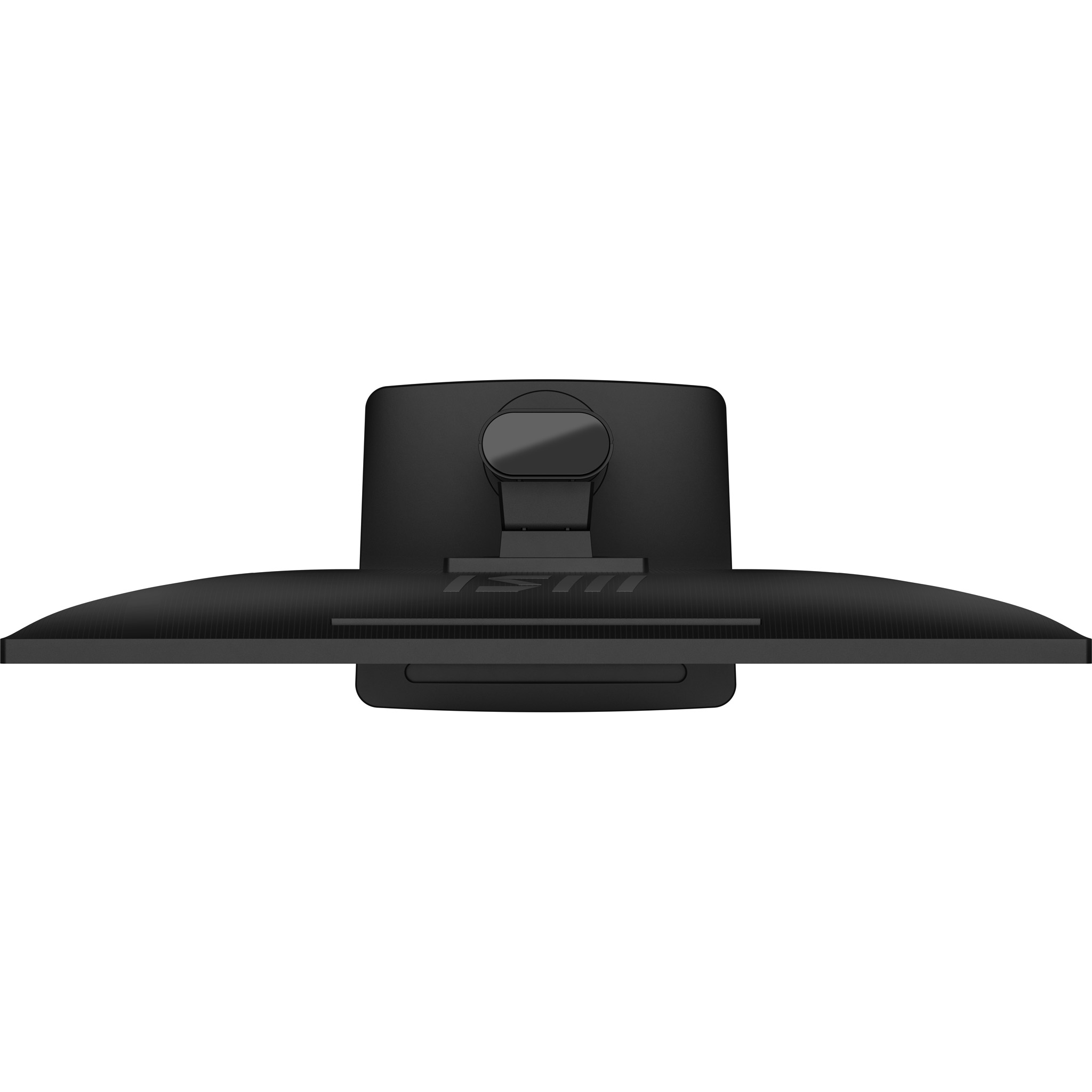 Achterkant van een zwarte monitor met standaard en logo.