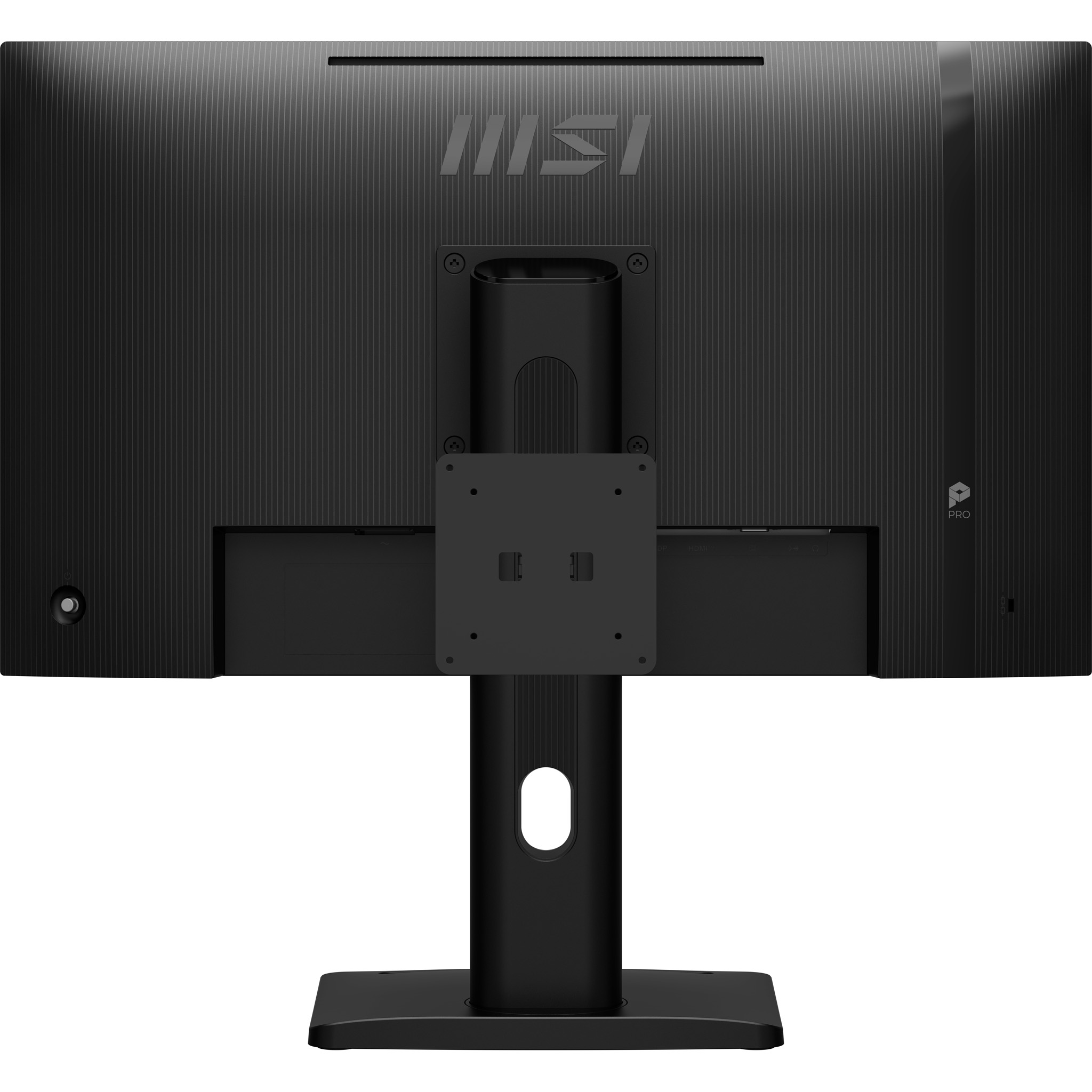 Achterkant van een zwarte MSI monitor met verticale ribbels en een standaard.