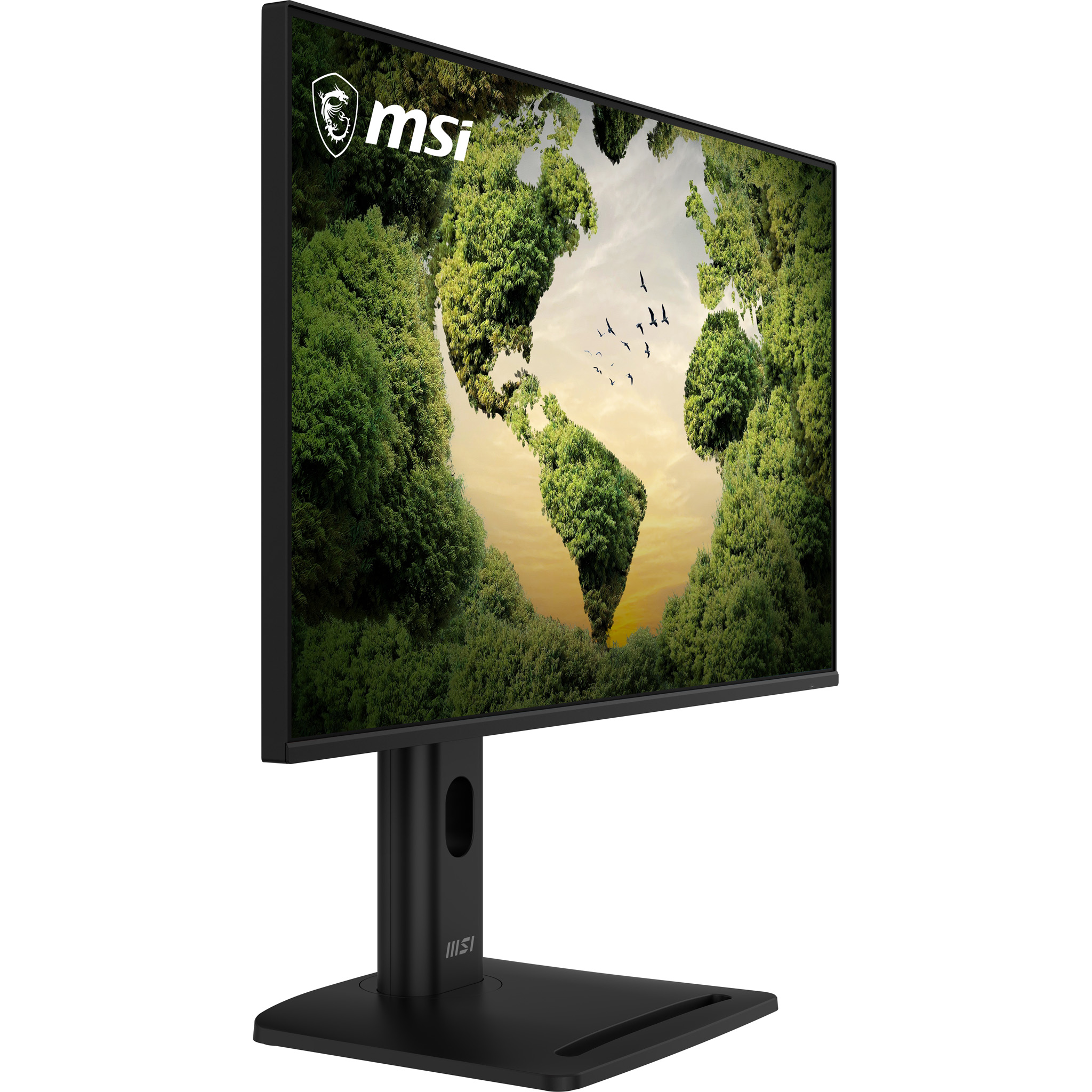 Een zwarte MSI monitor toont een wereldkaart van bomen en vogels in de lucht.