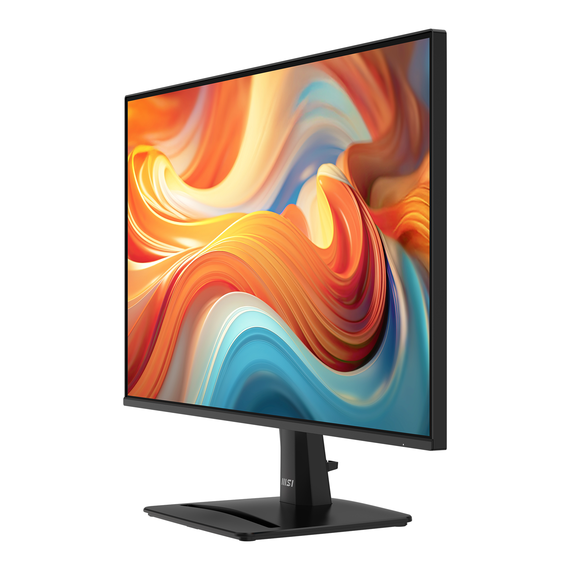 Een zwarte monitor met een kleurrijke, abstracte achtergrond.