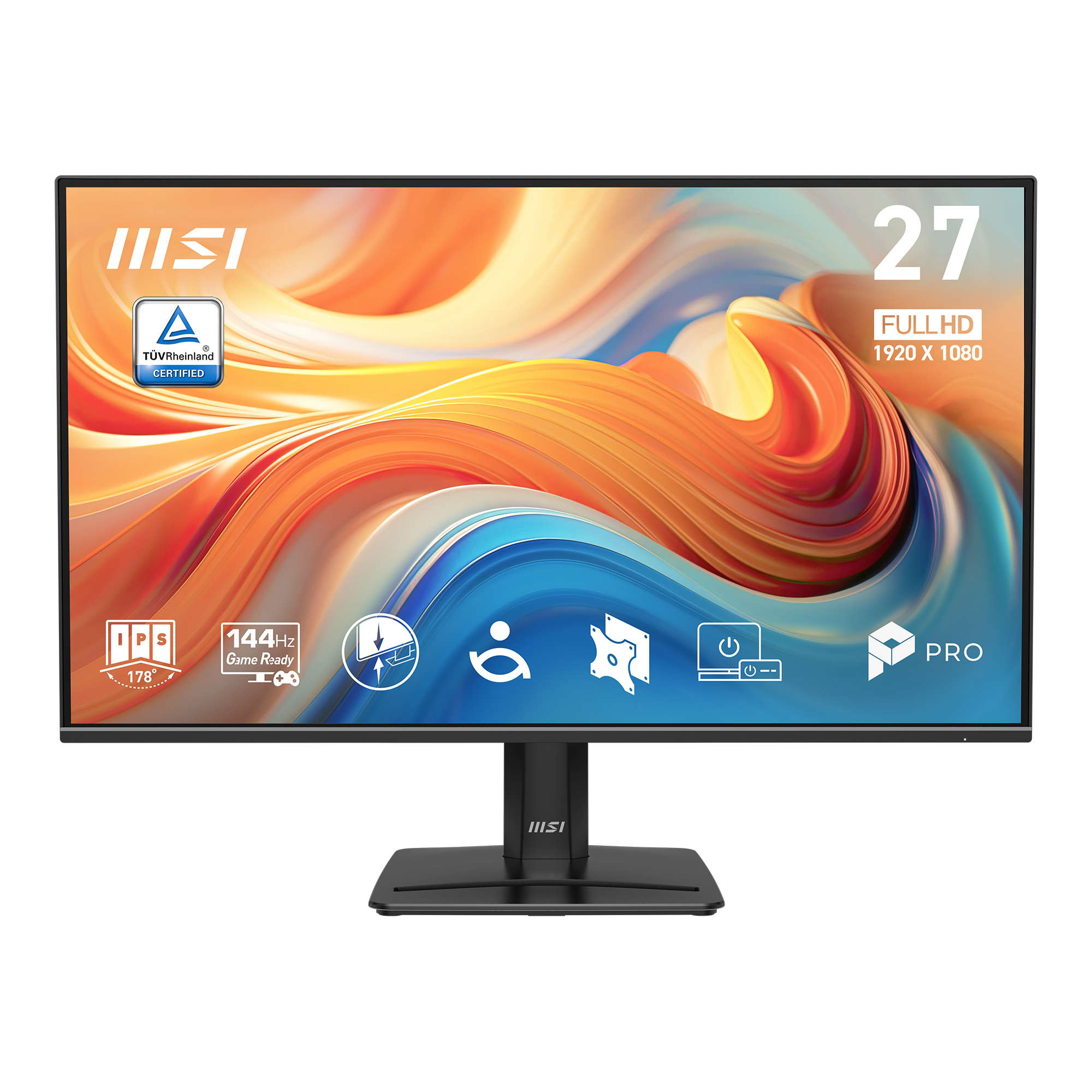 MSI 27-inch Full HD monitor met abstracte, kleurrijke achtergrond en gaming-iconen.