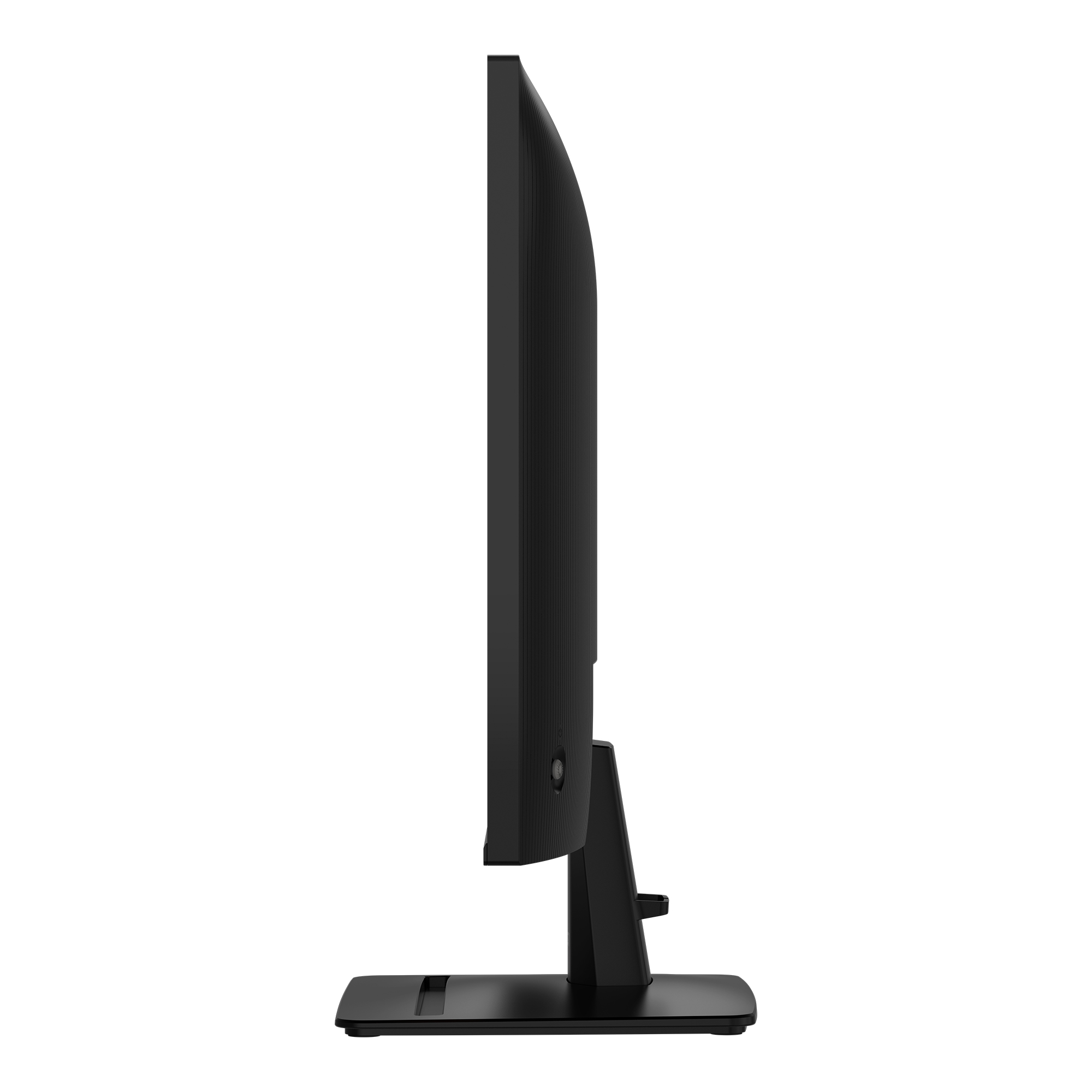 Zijaanzicht van een zwarte monitor met slanke rand en standaard.