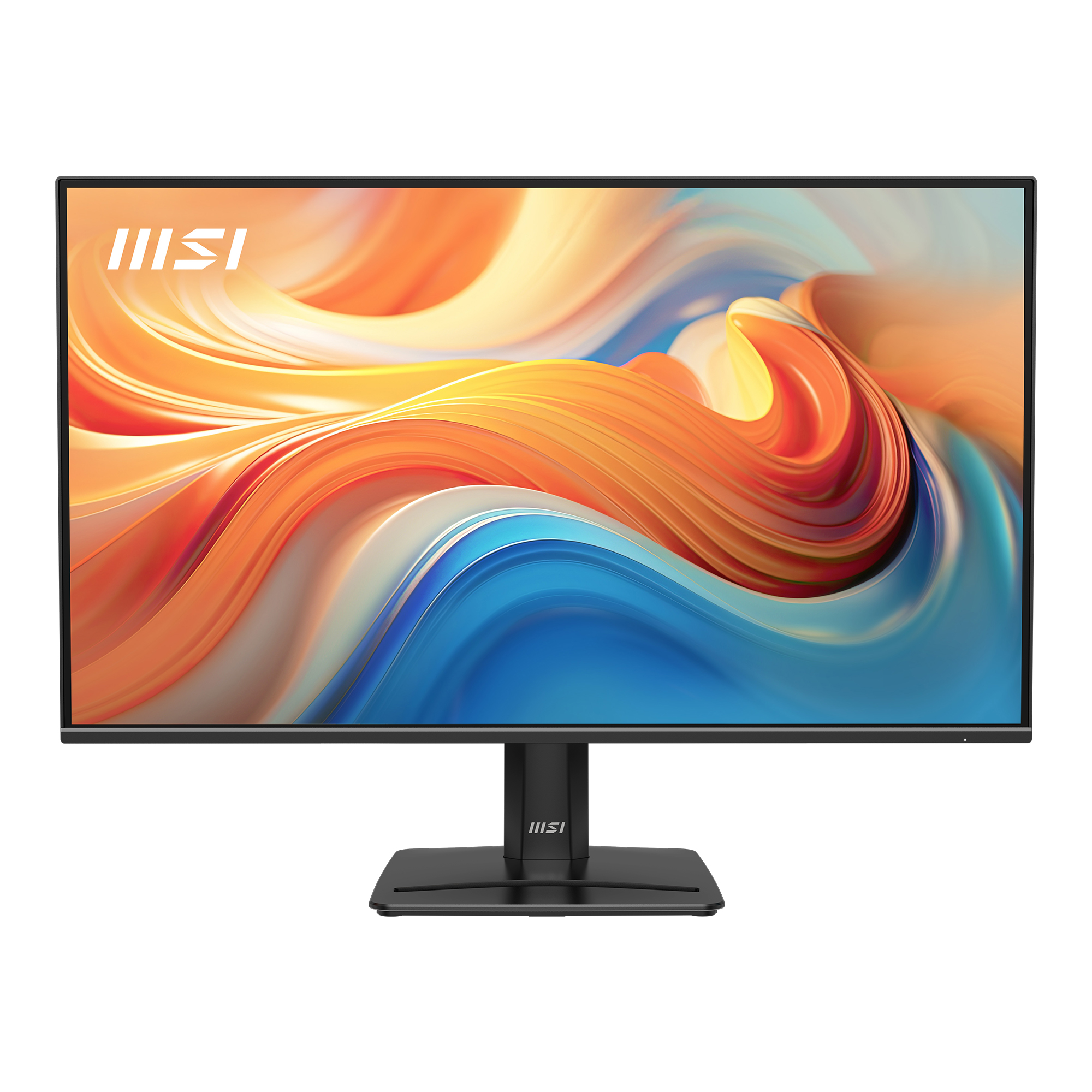 Een zwarte MSI-monitor met een kleurrijke, abstracte achtergrond op het scherm.