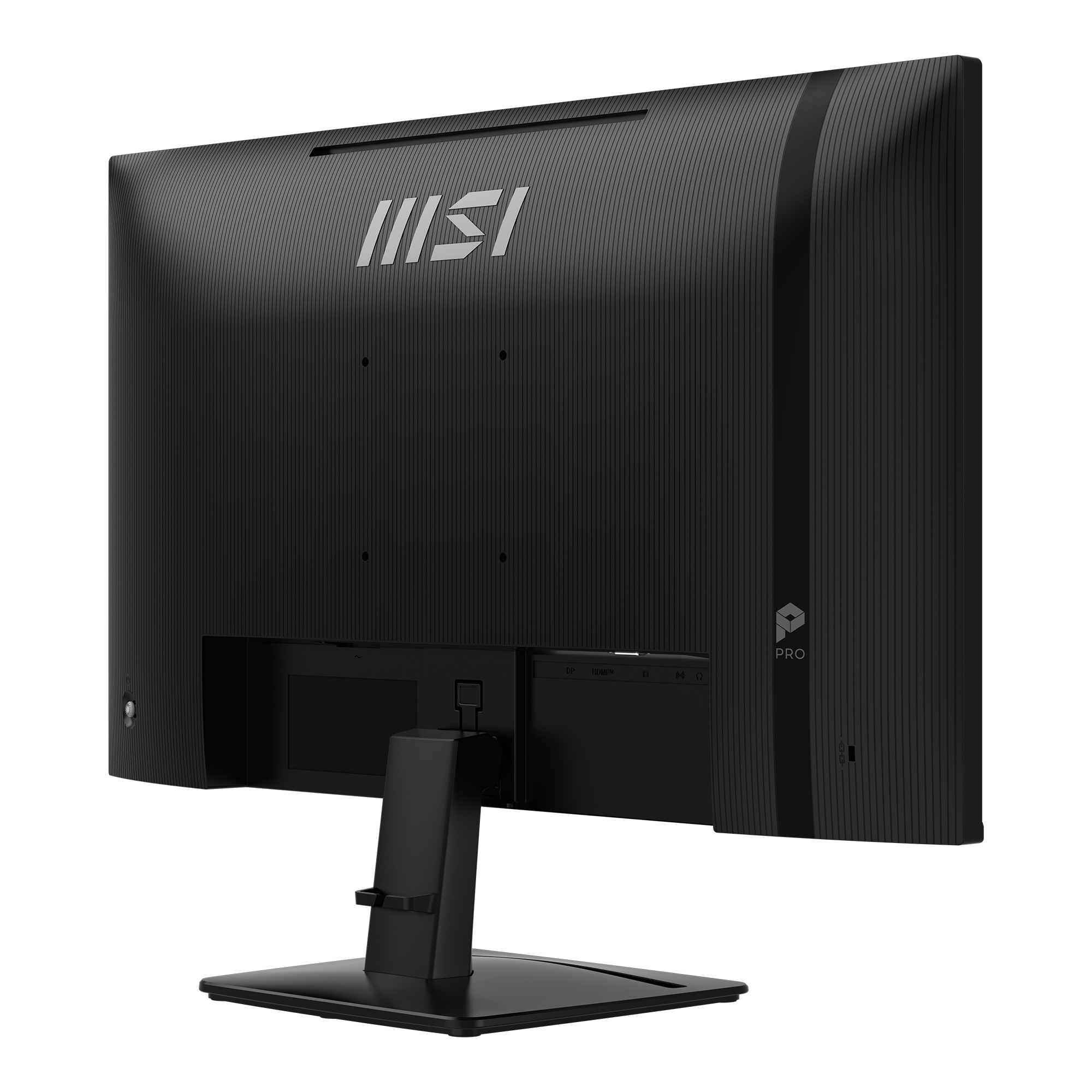 Achterkant van een zwarte MSI monitor met geribd ontwerp en poorten.
