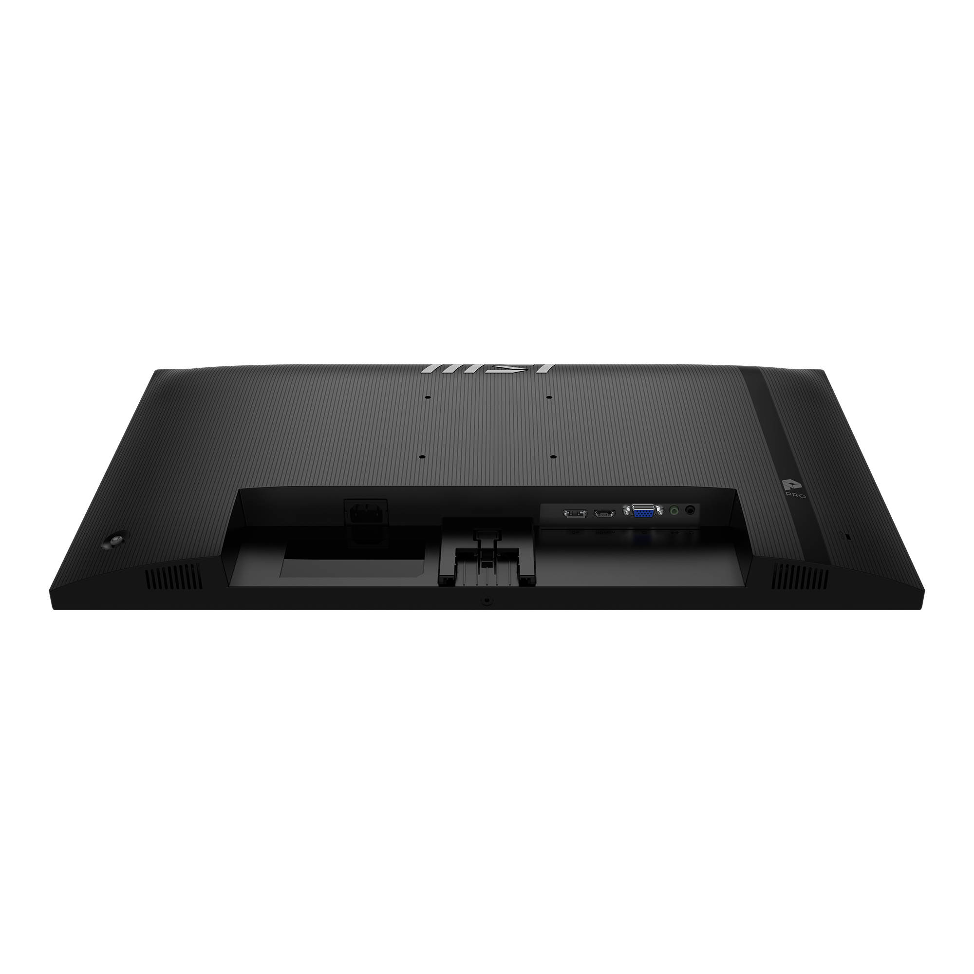 Achterkant van een zwarte monitor met poorten zoals HDMI, VGA en stroom.