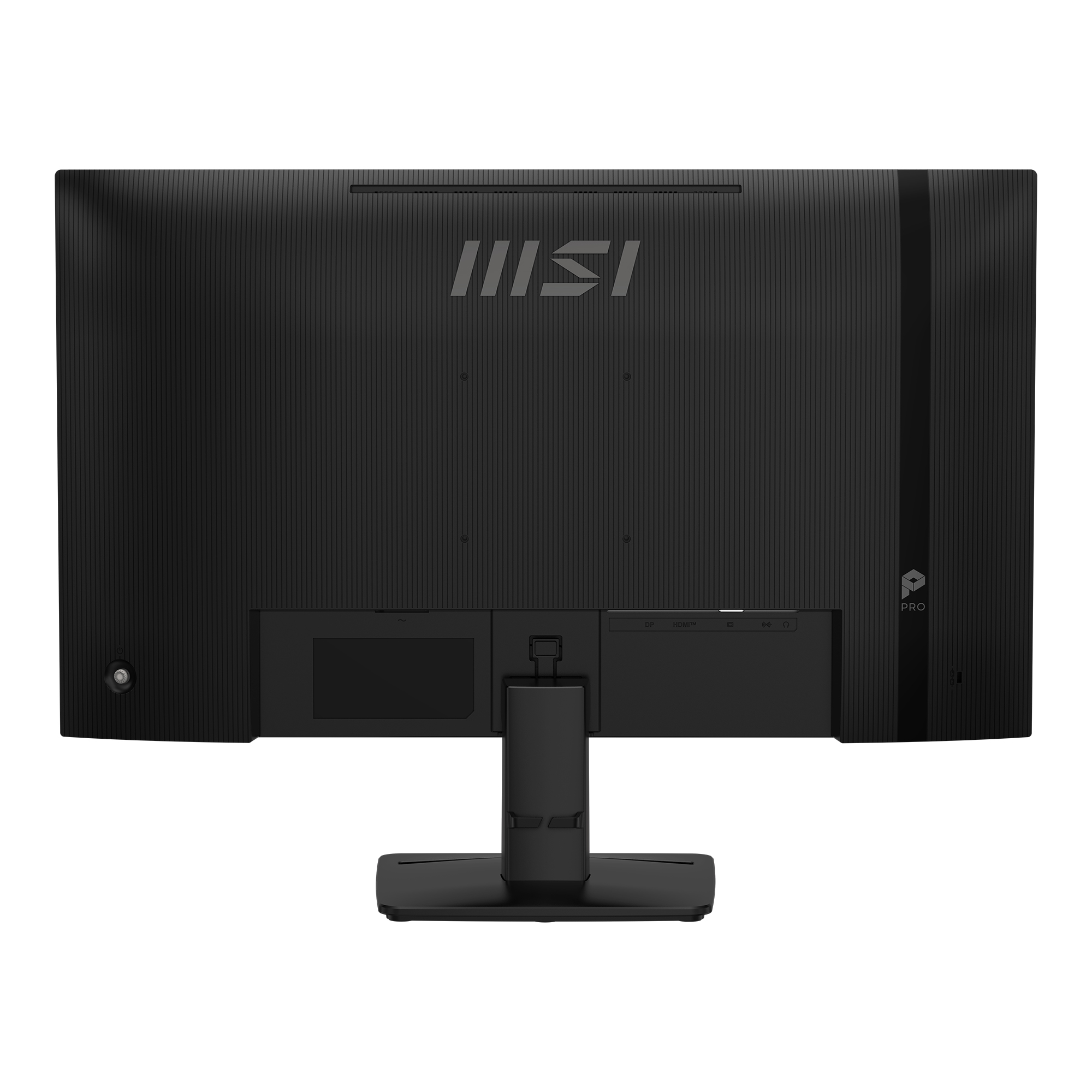 Achterkant van een zwarte MSI monitor met poorten en Pro-logo.