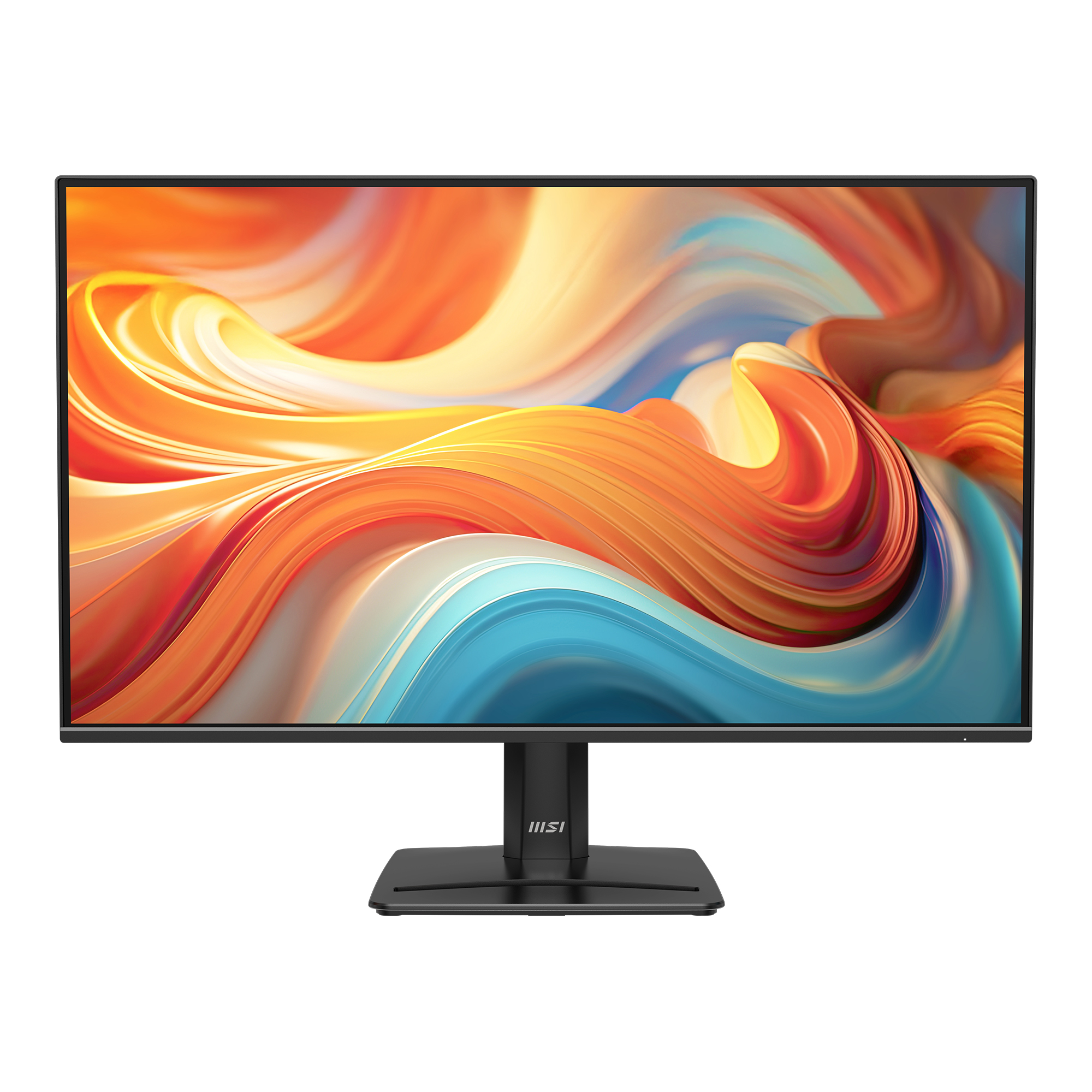 Een zwarte monitor met een kleurige, abstracte achtergrond. MSI-logo op de standaard.