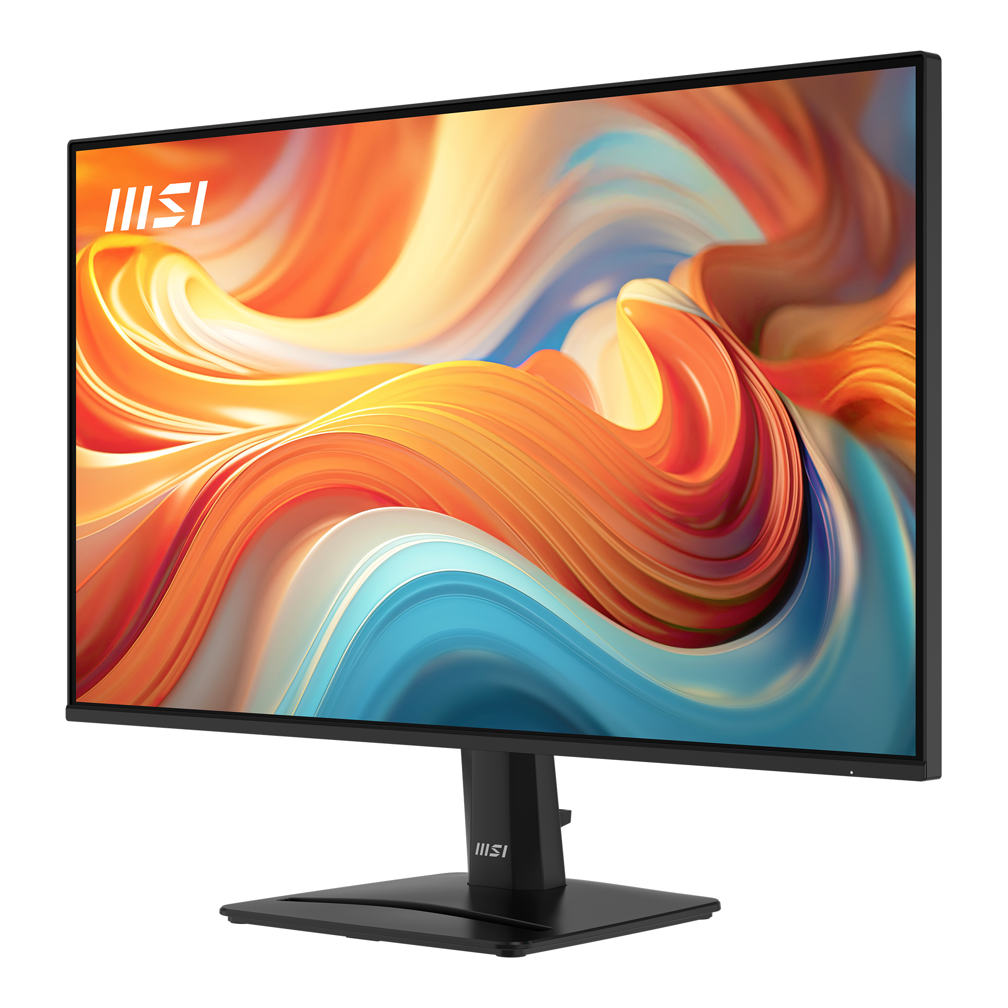 Een zwarte MSI monitor met een kleurrijke, abstracte achtergrond.