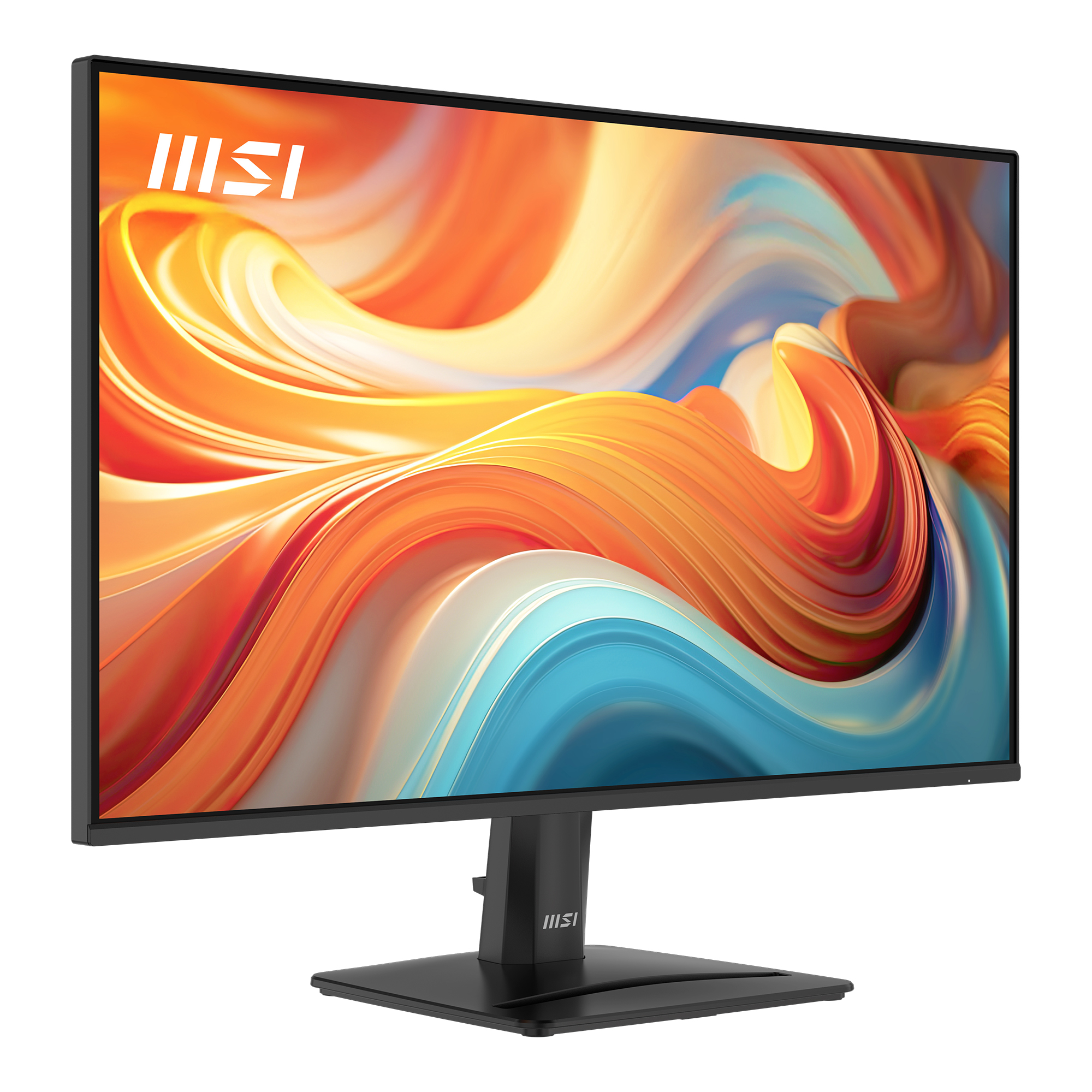 Een zwarte MSI monitor met een kleurrijk, vloeiend abstract beeld.