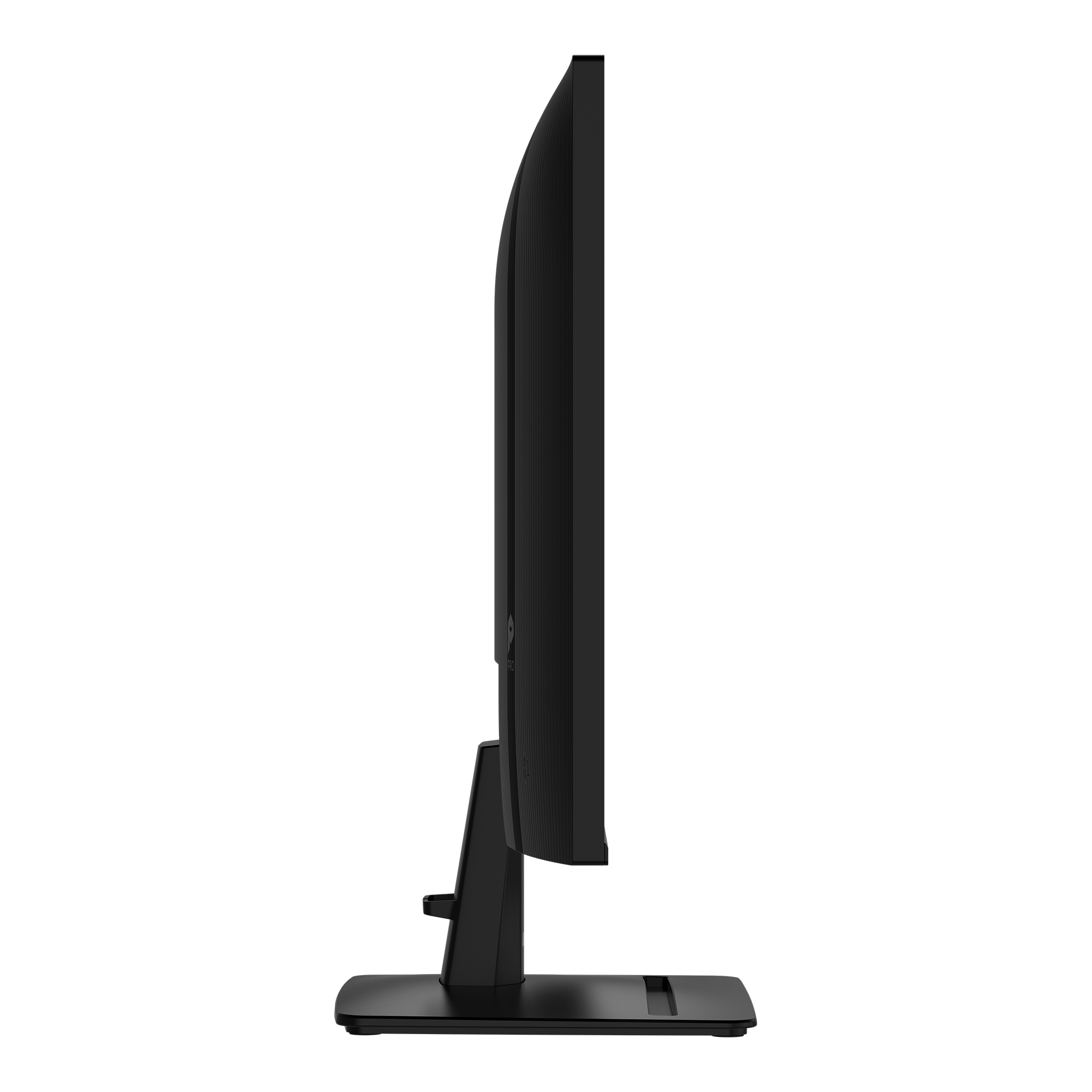 Een zwarte monitor van de zijkant, met een slanke standaard.