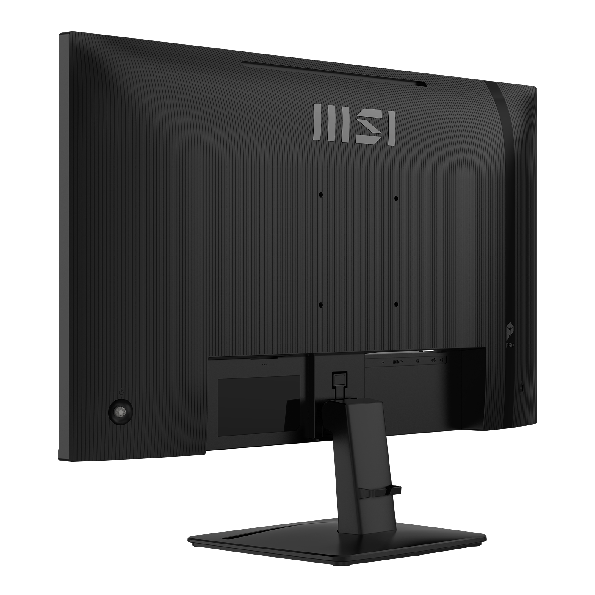 Achterkant van een zwarte monitor met gegroefde behuizing en poorten.