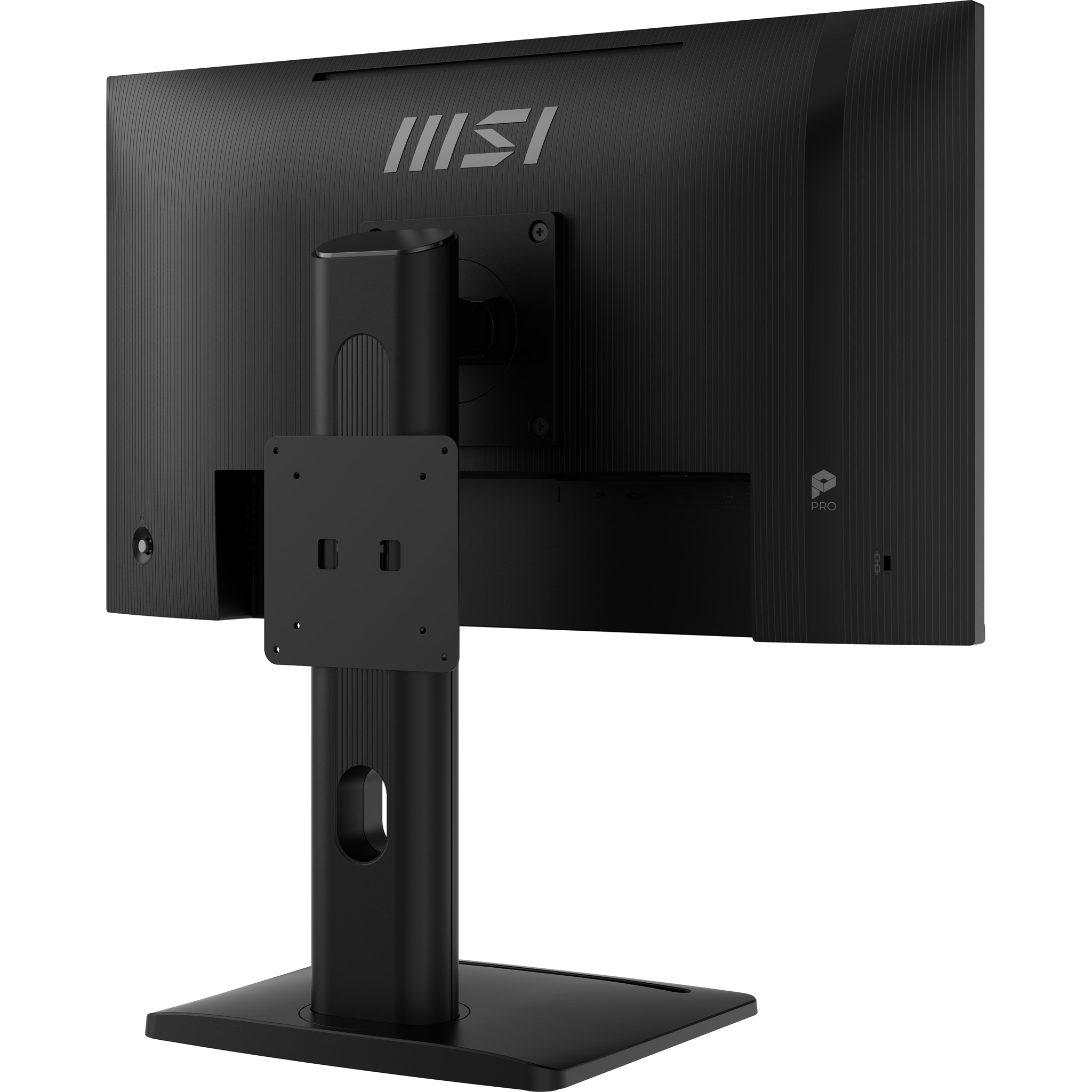 Achterkant van een zwarte MSI monitor met standaard en VESA-montage.