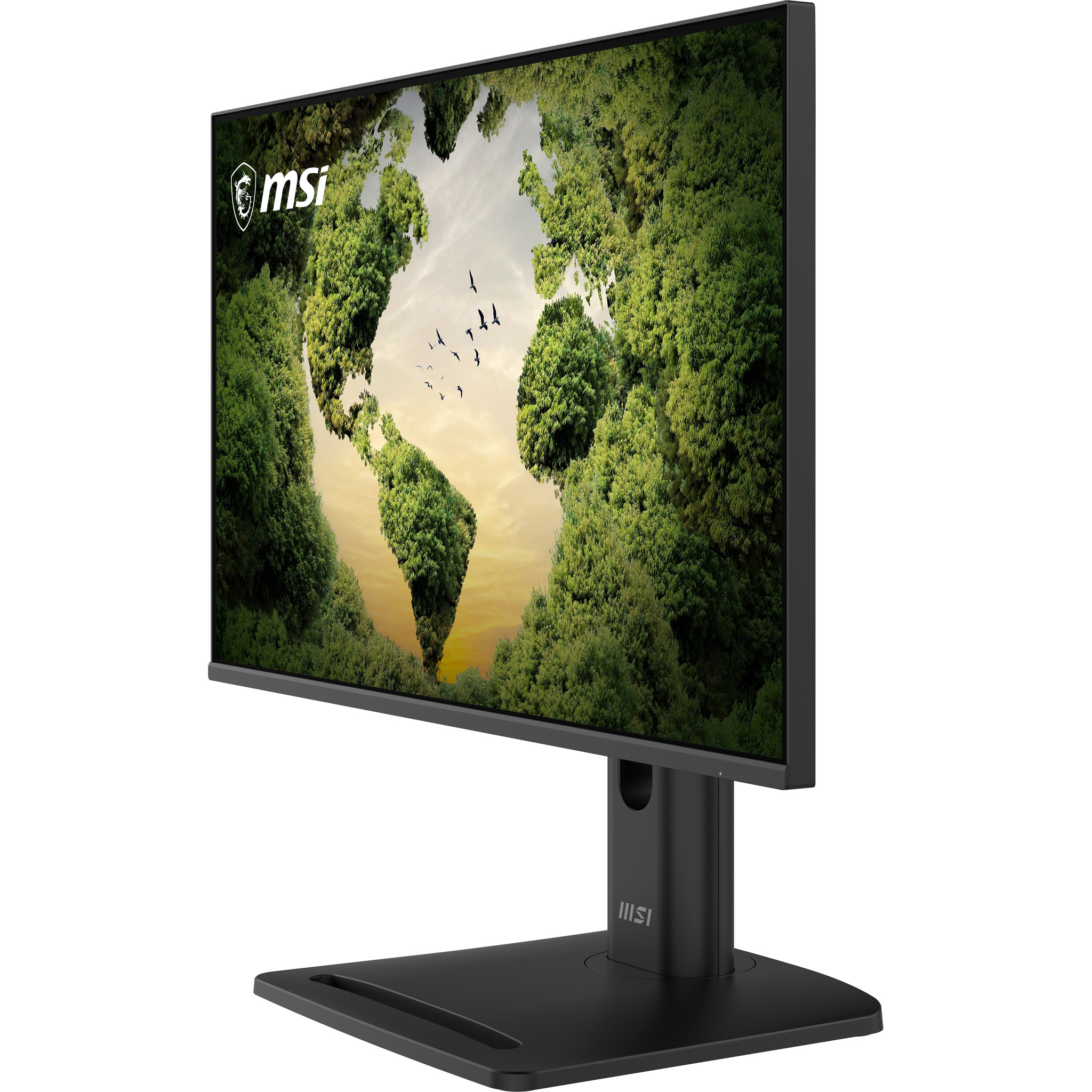 Een MSI-monitor toont de aarde gevormd uit bomen met vliegende vogels in de lucht.