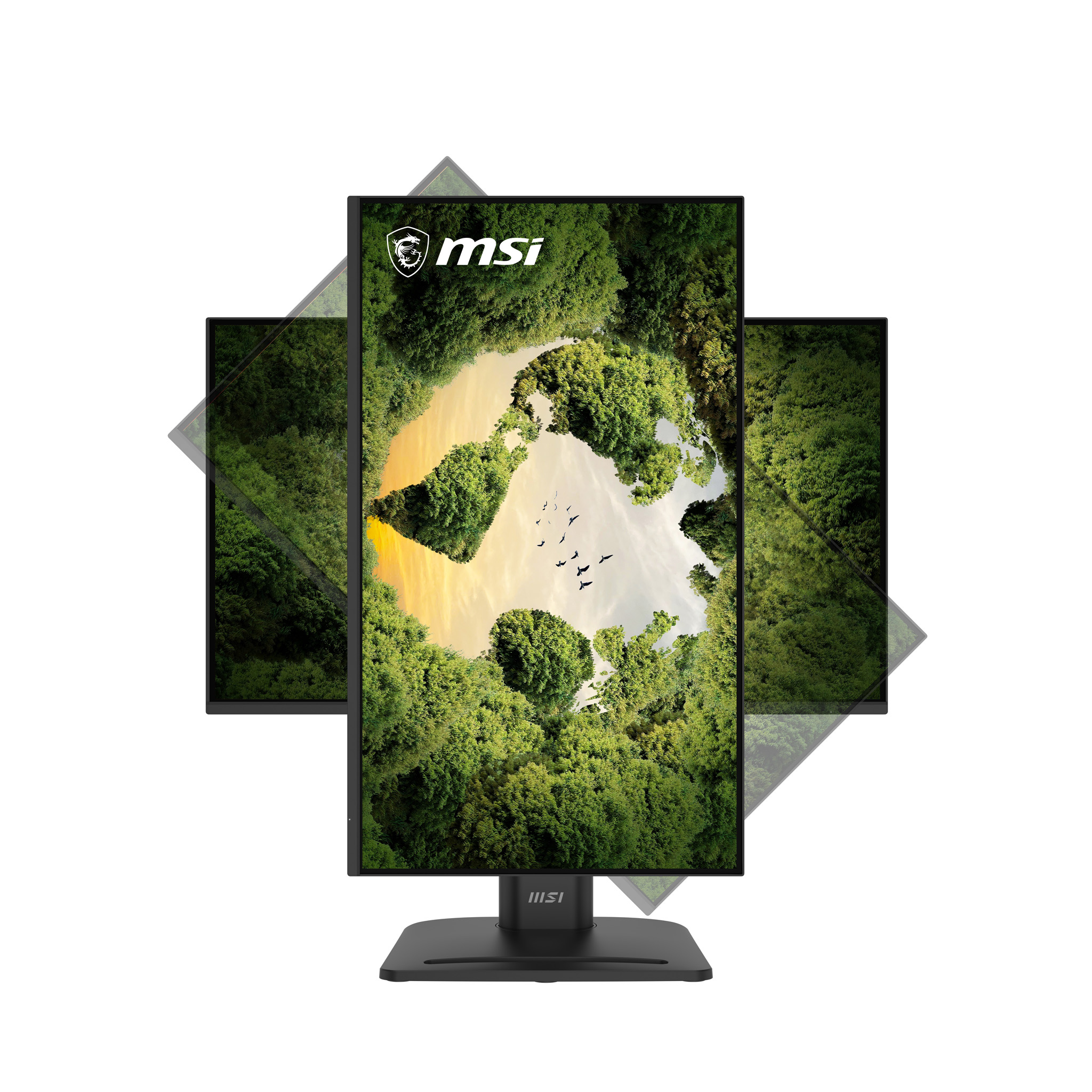 MSI-monitor toont groene bomen en vliegende vogels tegen een gele hemel.