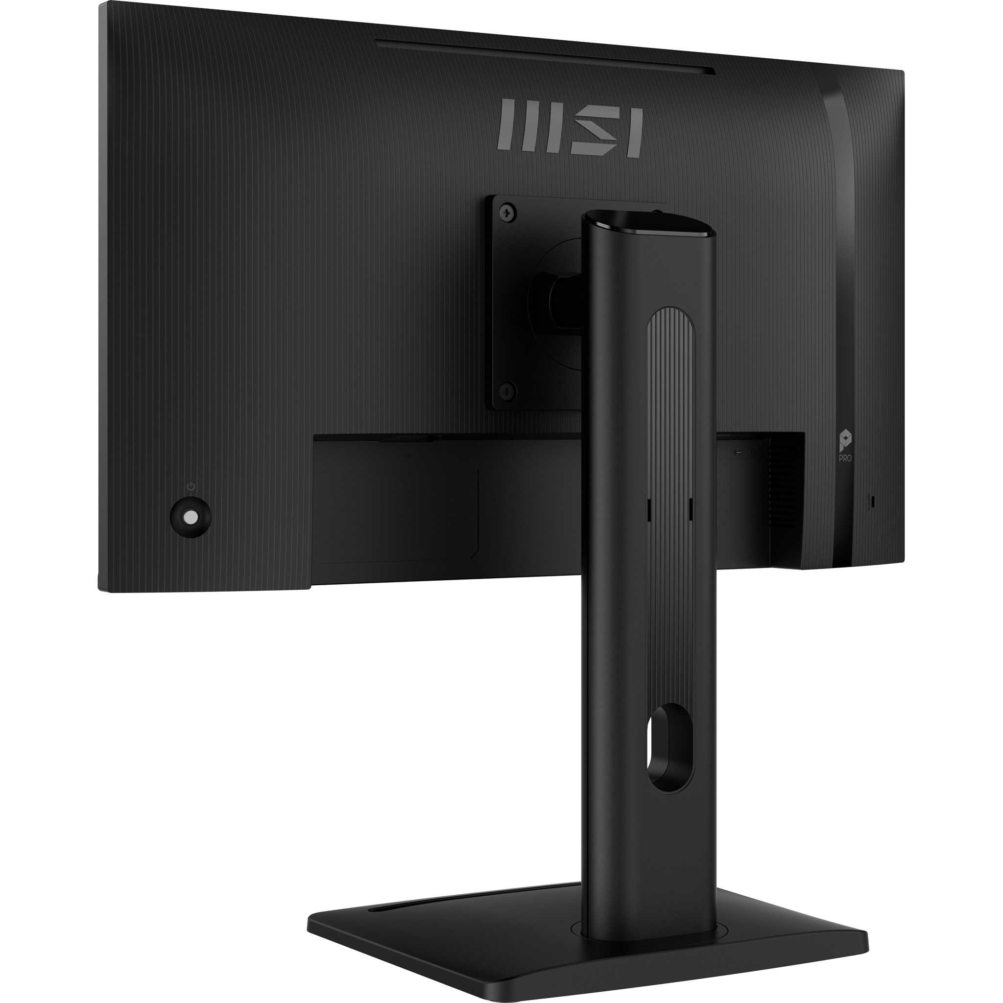 Achterkant van een zwarte monitor met MSI-logo, standaard en poorten.