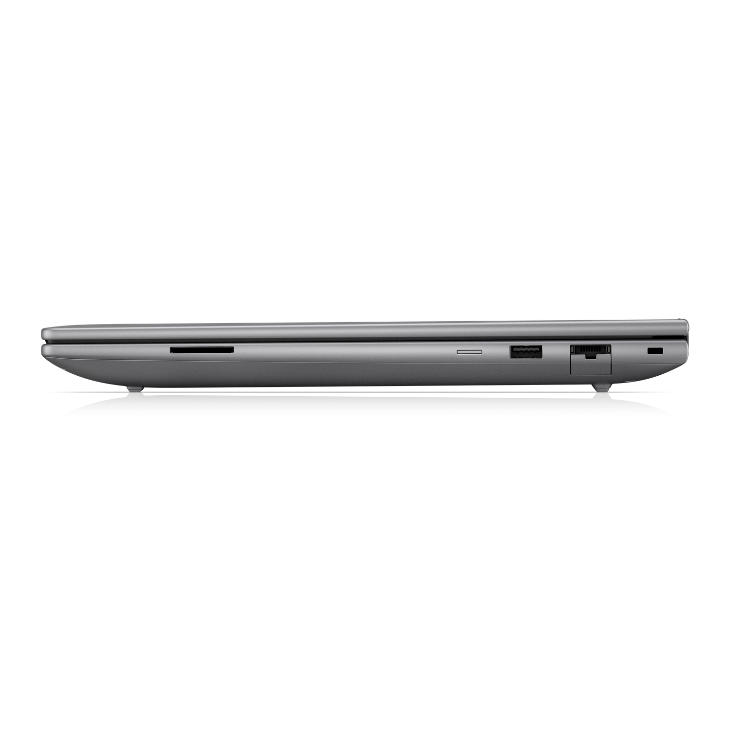 Grijs laptop profiel met SD-kaartsleuf, USB-poorten en ventilatieopening.