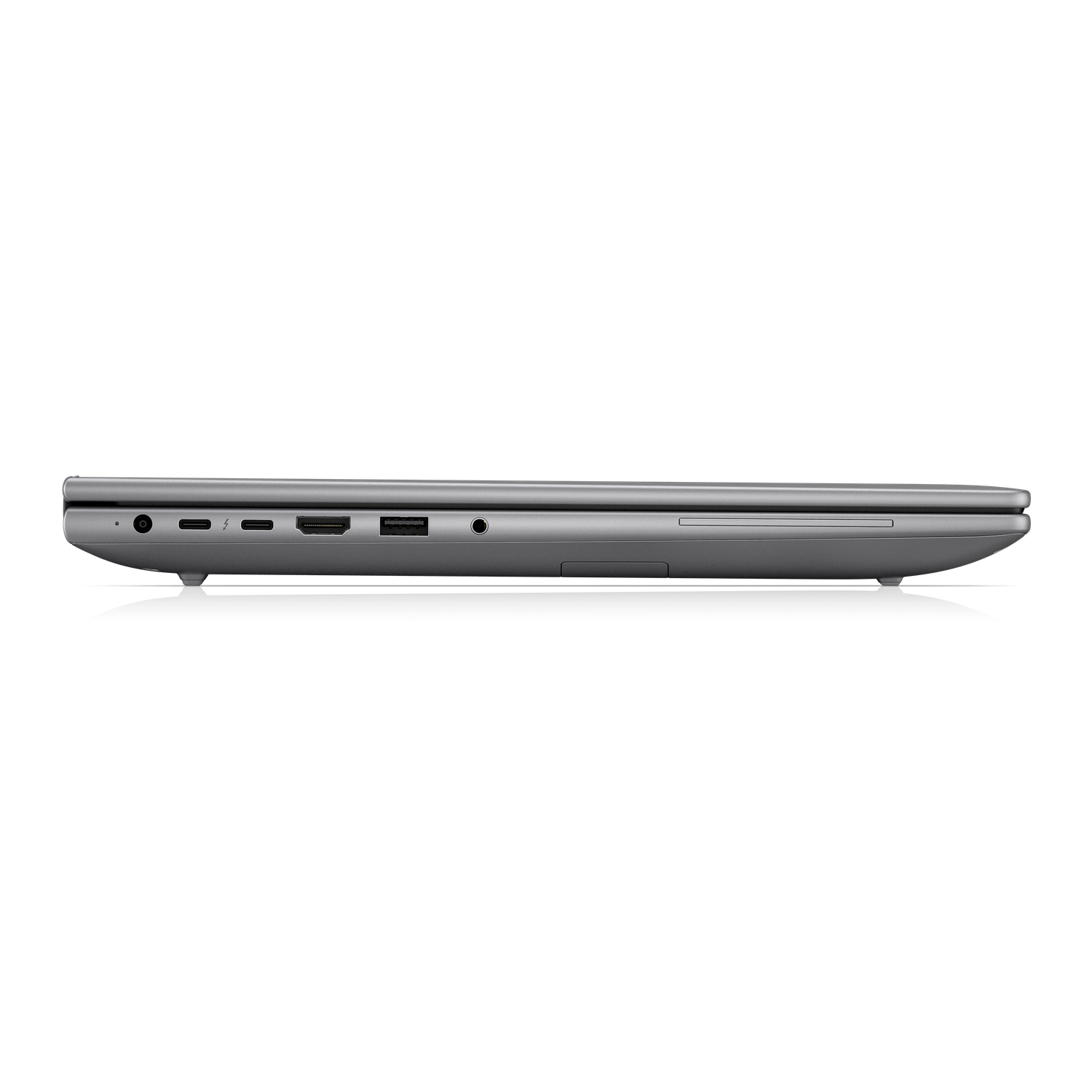 Grijs laptopprofiel met poorten: USB-C, HDMI, USB-A en koptelefoonaansluiting.