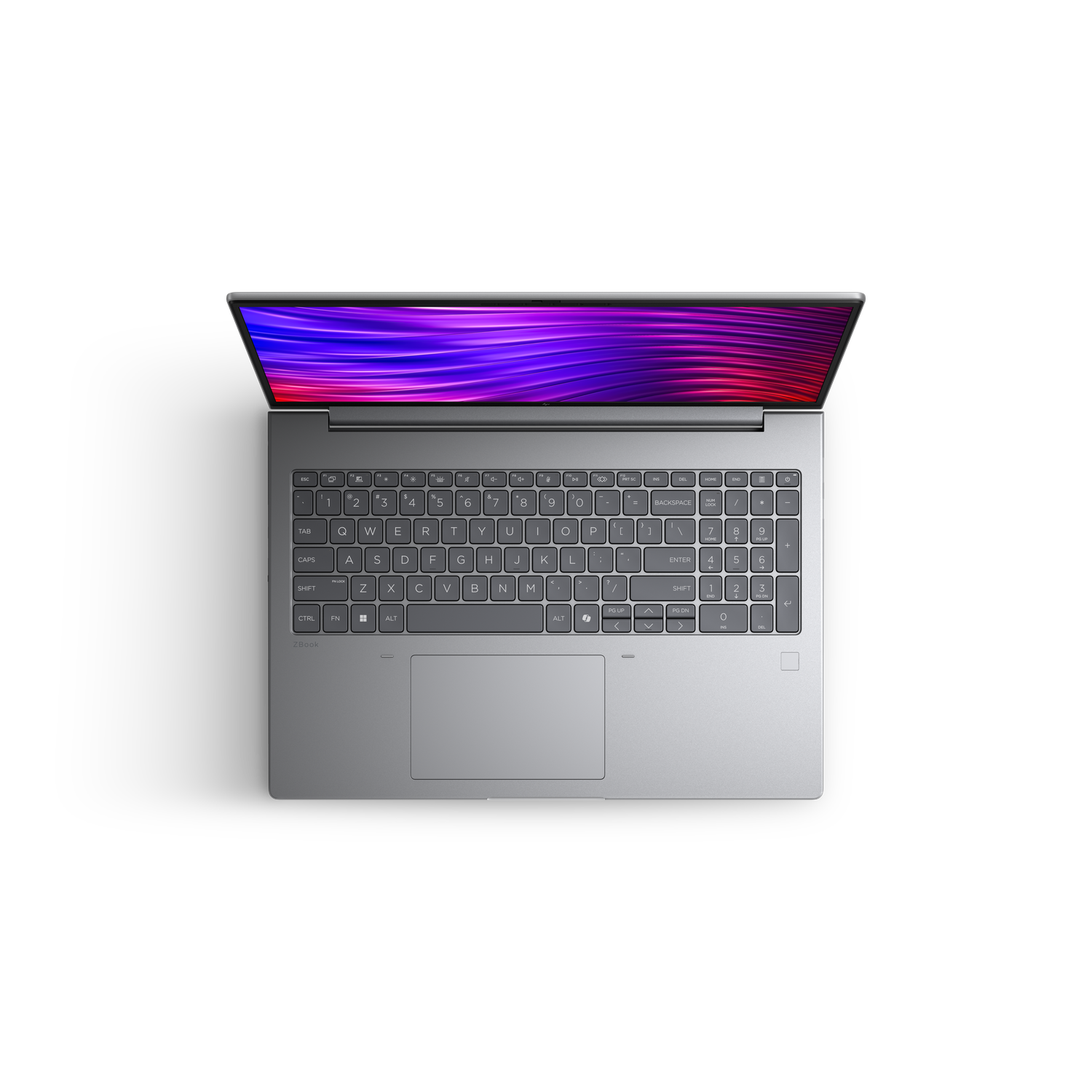 Een open zilveren laptop met een abstracte, kleurrijke achtergrond op het scherm.