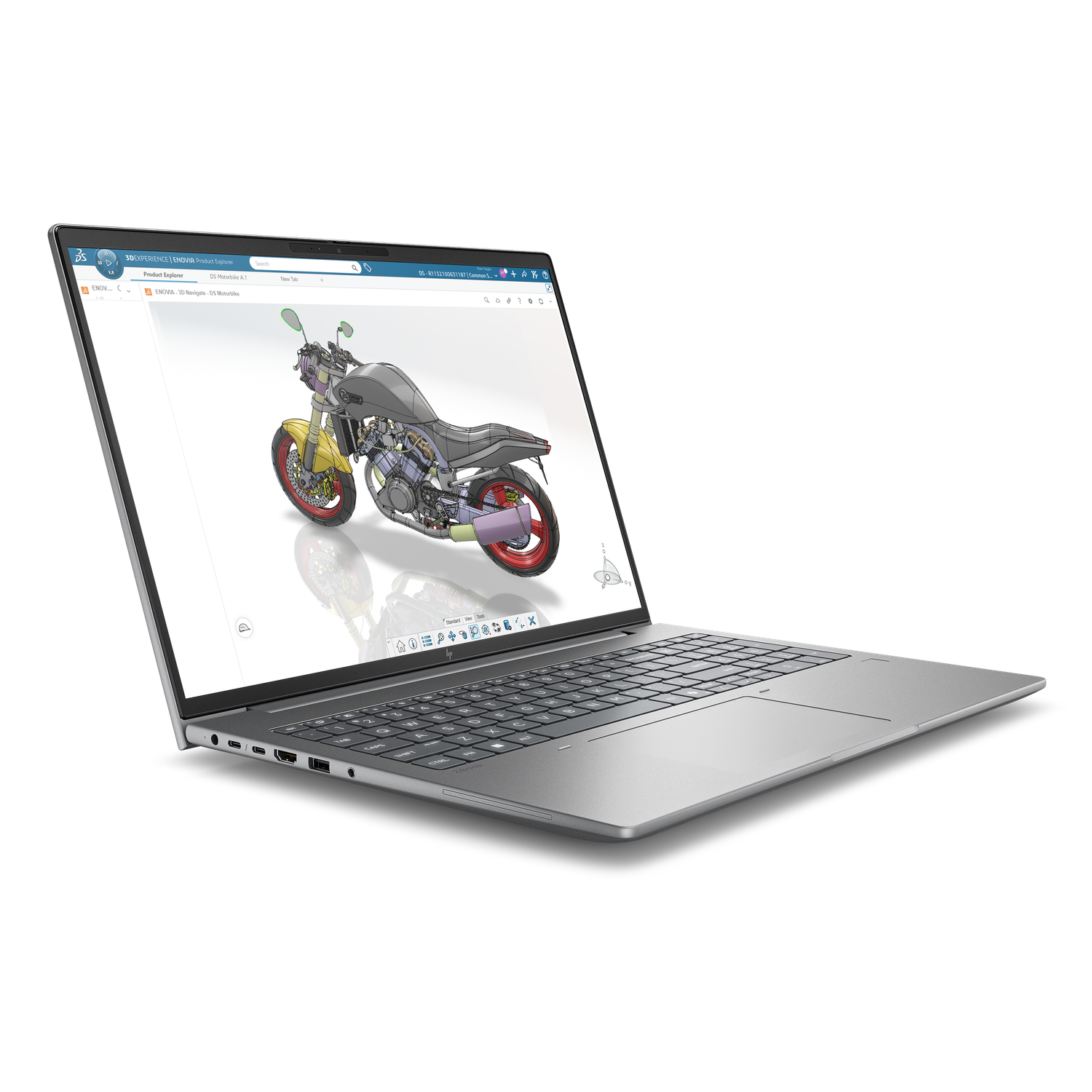 Een zilveren laptop toont een 3D-model van een motorfiets op het scherm.