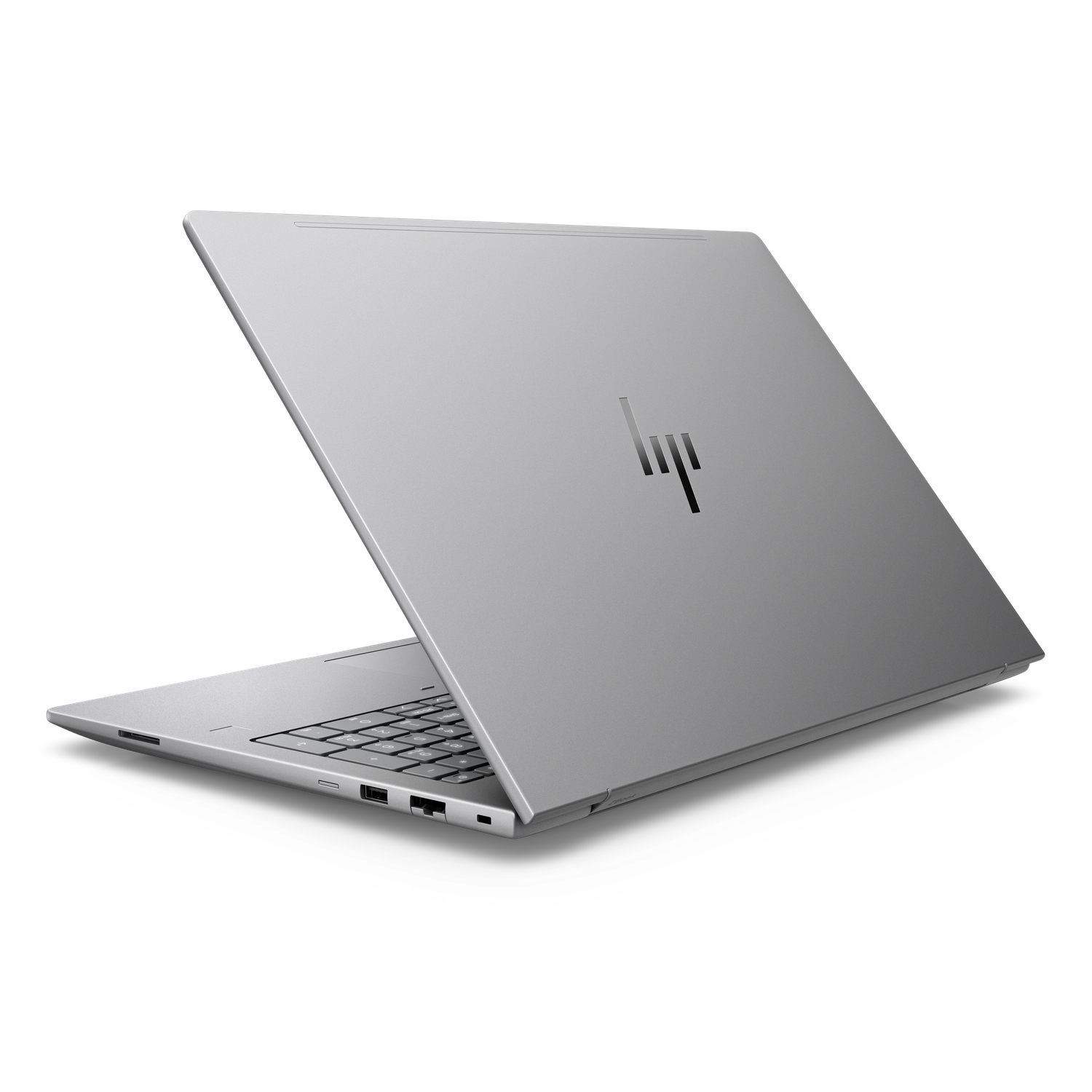 Een zilveren HP laptop wordt getoond tegen een witte achtergrond.