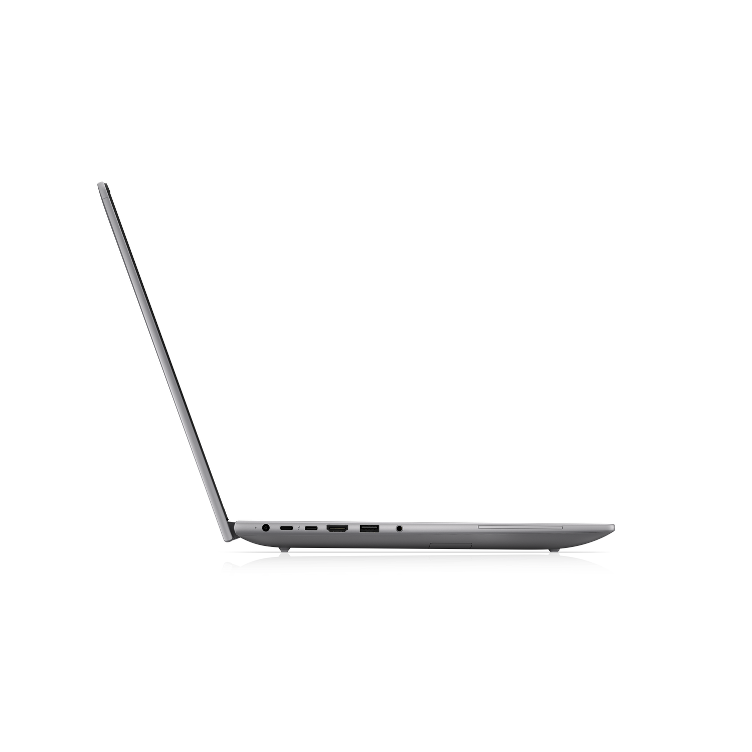 Grijze laptop in zijaanzicht met open scherm, zichtbare poorten aan de zijkant.