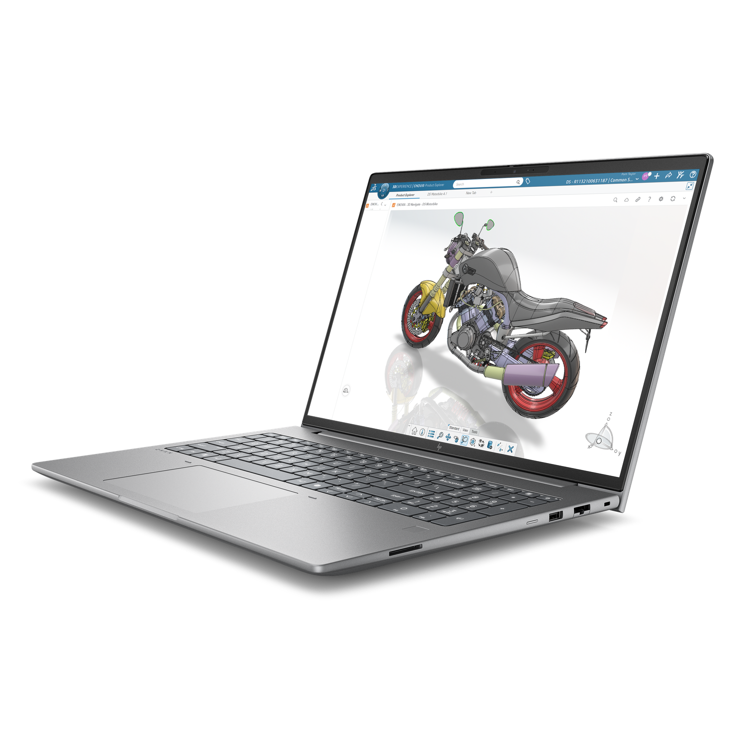 Zilveren laptop met 3D-motormodel op het scherm, gedetailleerde weergave.