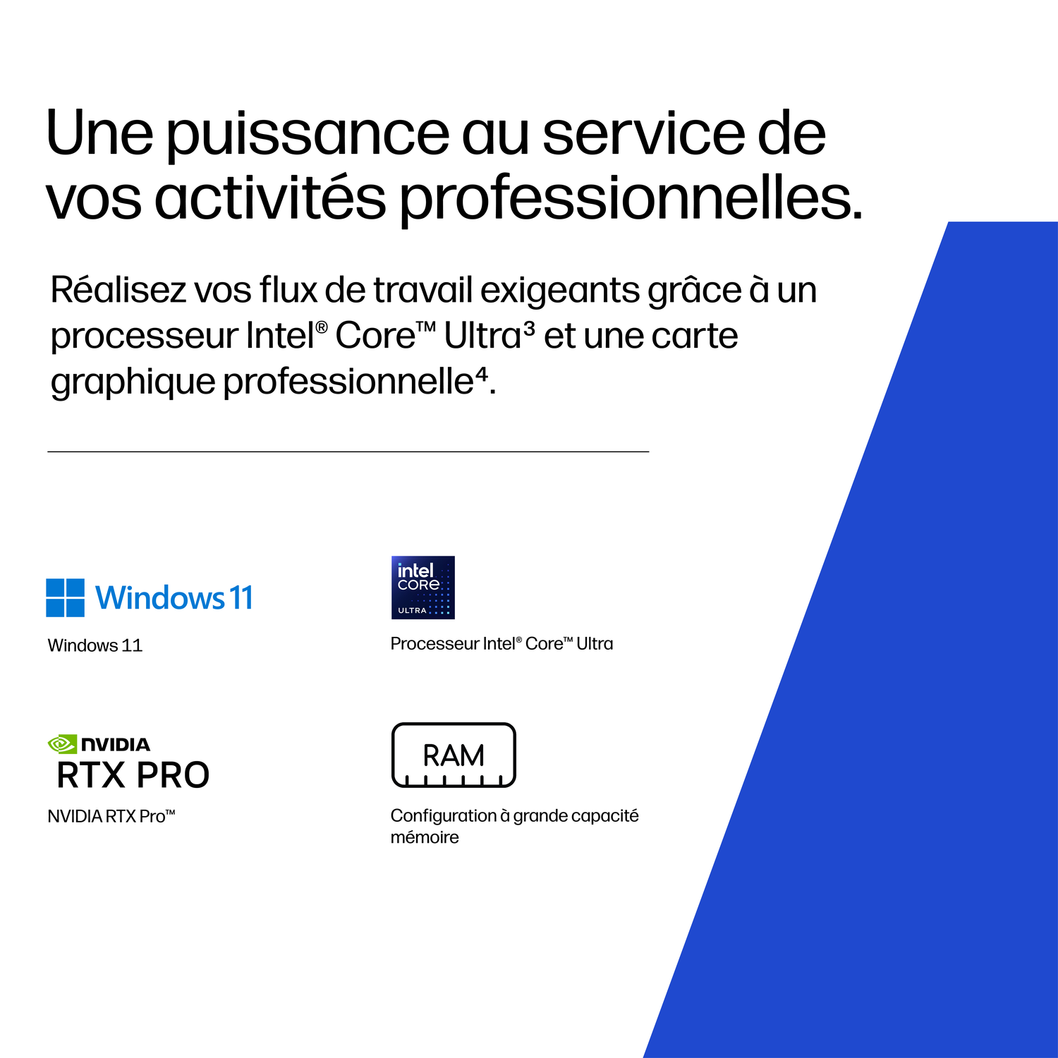 Un ordinateur avec Windows 11, Intel Core Ultra, NVIDIA RTX Pro et beaucoup de RAM.
