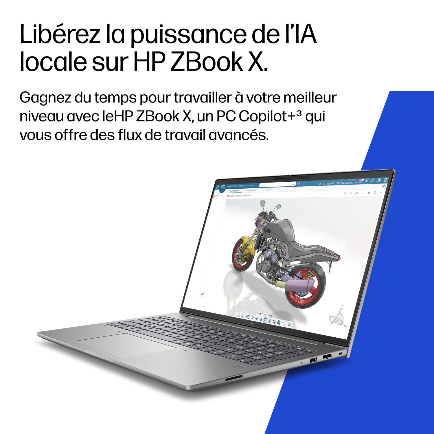 Un ordinateur portable affiche un modèle 3D de moto. Texte : Libérez l'IA locale.