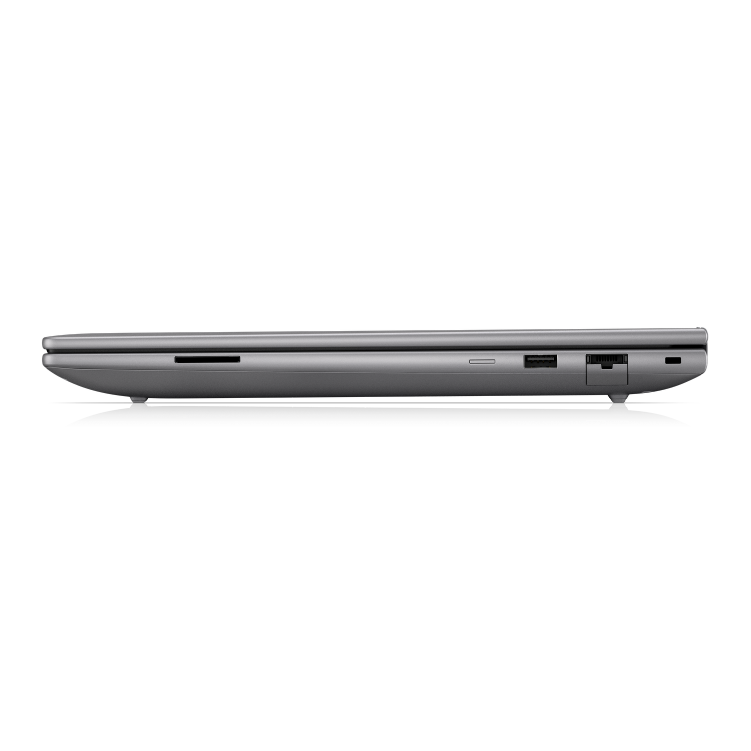 Grijze laptop zijaanzicht met poorten: SD-kaartlezer, USB, Ethernet-poort.