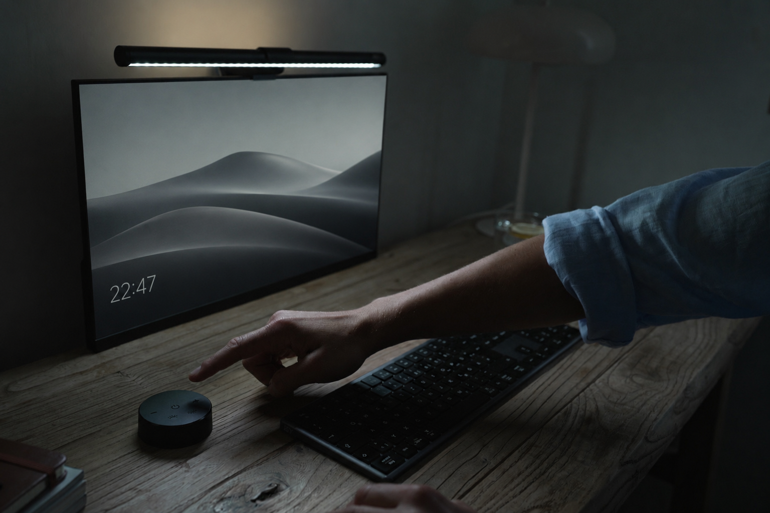 Eine Hand berührt einen schwarzen Lautsprecher auf einem Holztisch neben einer Tastatur und einem Monitor.