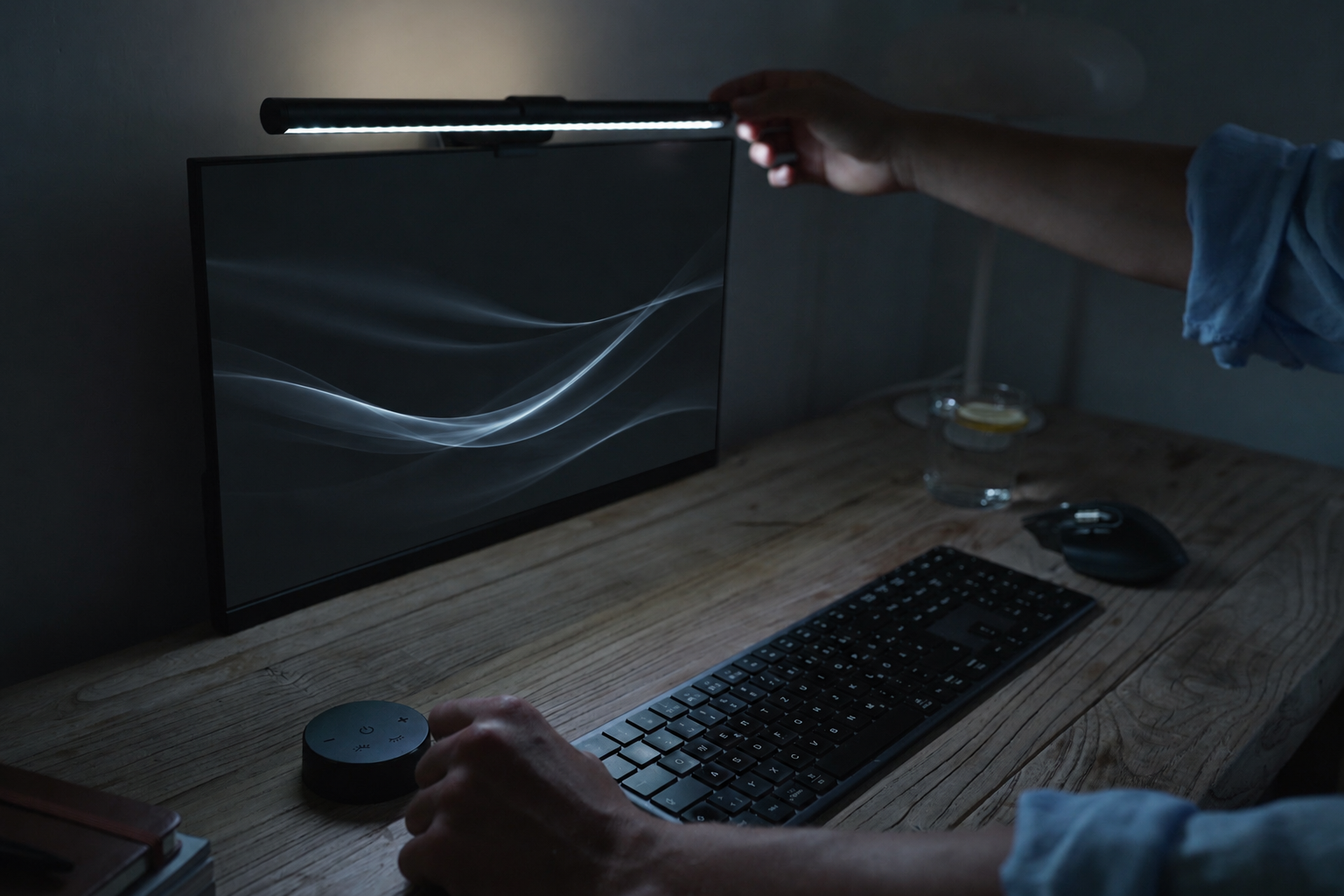 Schreibtisch mit Monitor, Tastatur, Maus und Lampe bei Nacht.