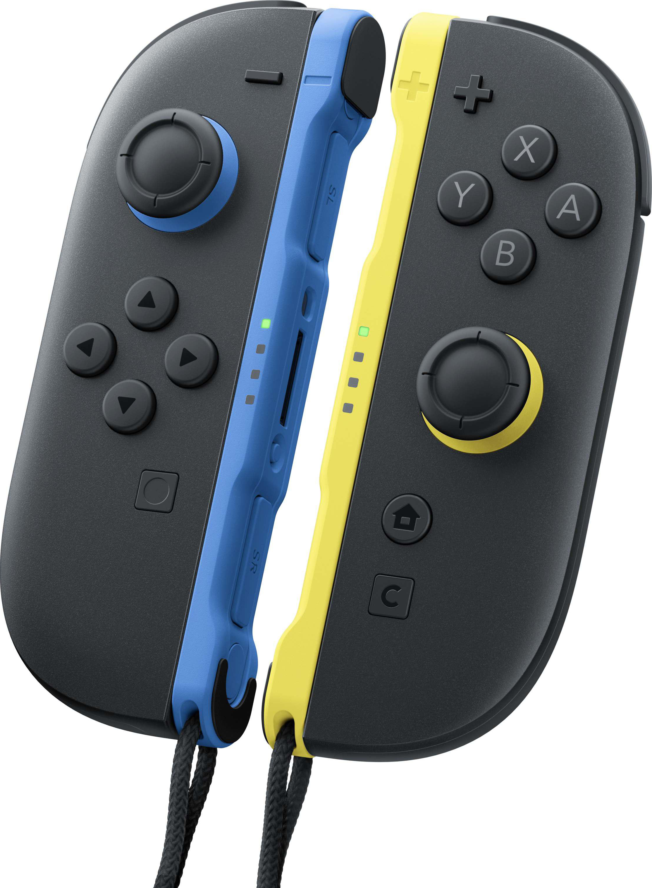Due controller Joy-Con Nintendo Switch, uno blu, uno giallo, con pulsanti neri.