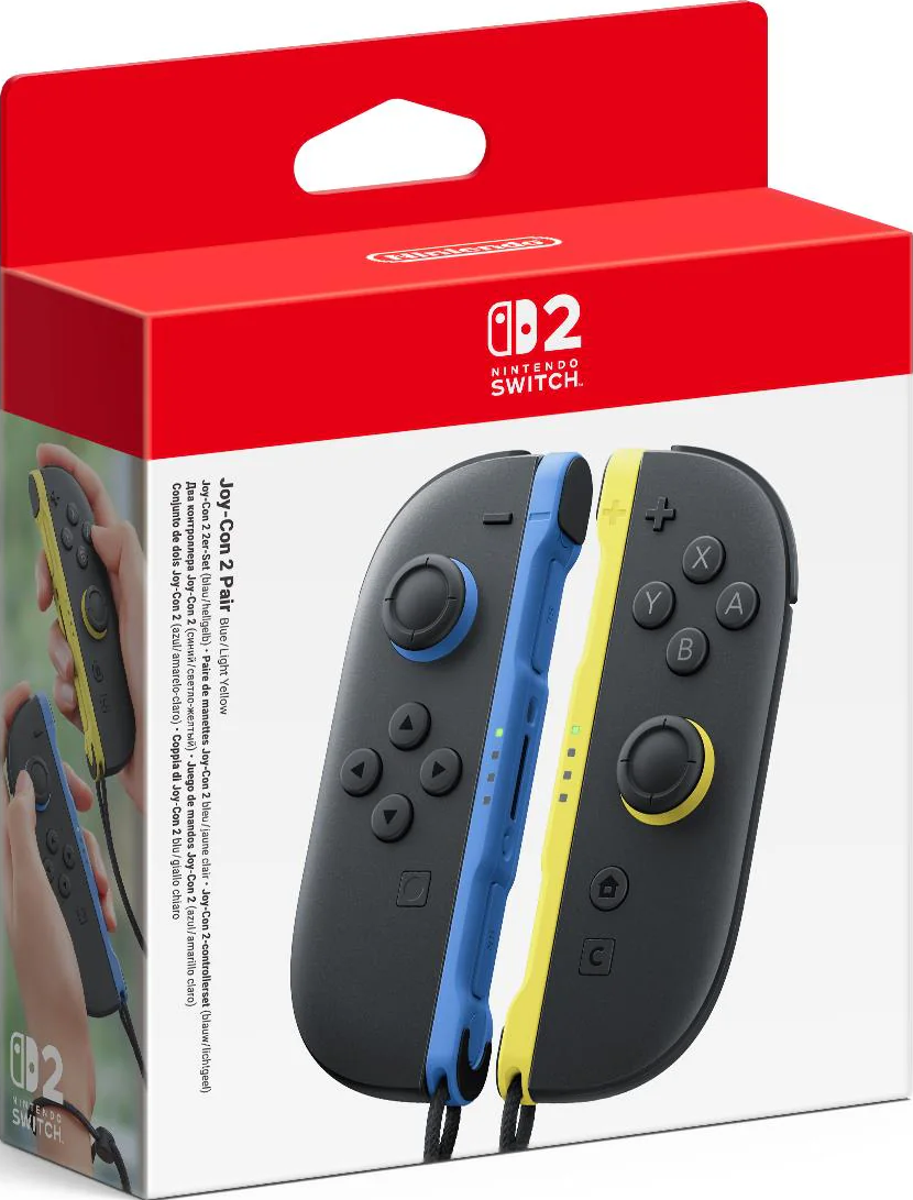 Confezione per due controller Joy-Con Nintendo Switch, blu e gialli.