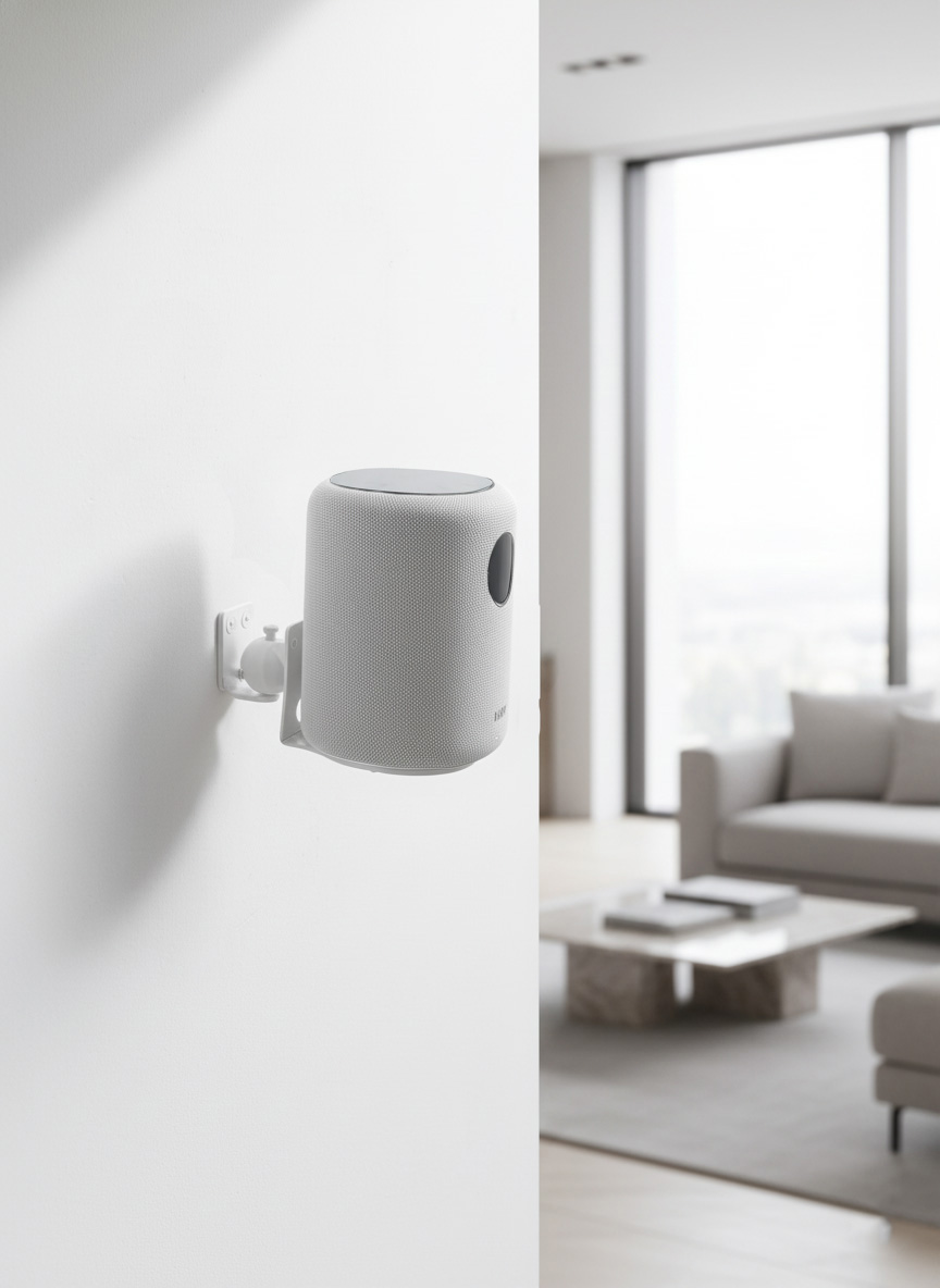 Une enceinte blanche montée sur un mur blanc, avec un salon en arrière-plan.