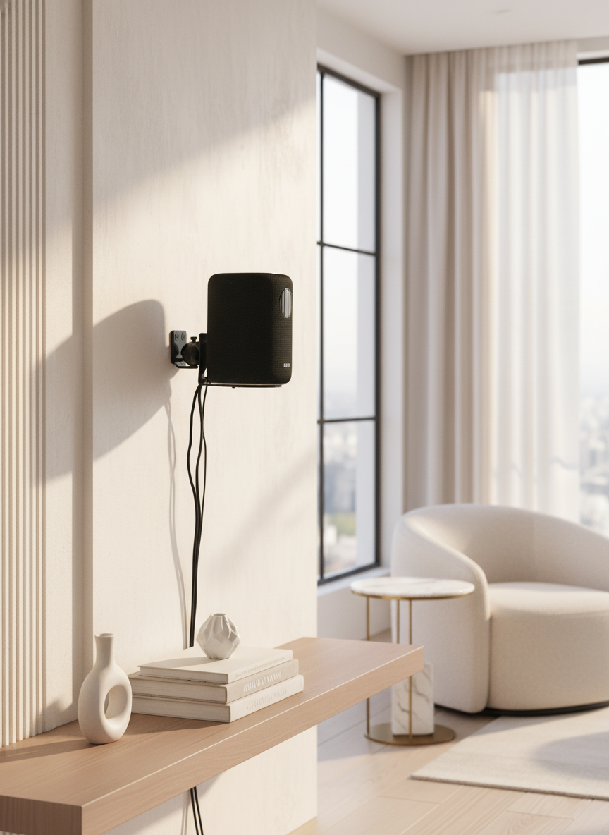 Une enceinte noire est fixée à un mur blanc, à côté d'une étagère avec des livres et des décorations.