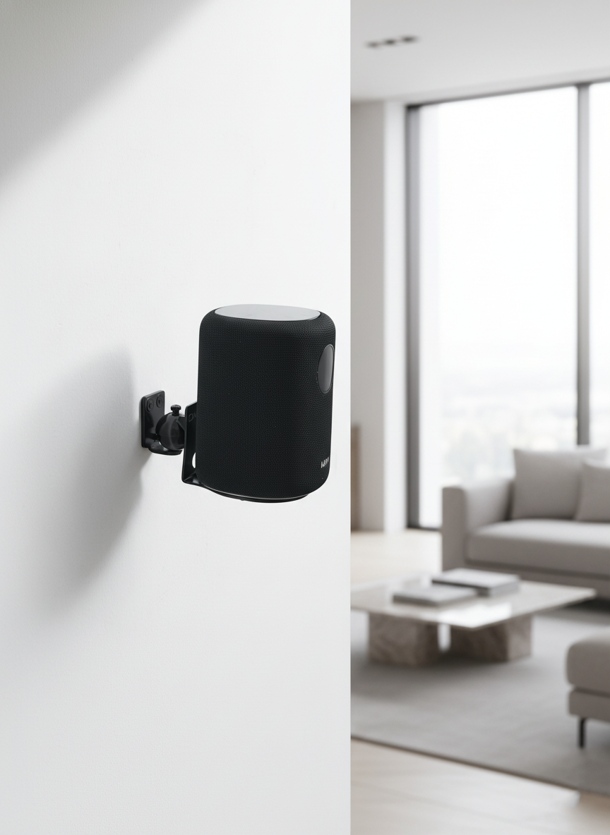 Haut-parleur noir monté sur mur blanc, salon à l'arrière.