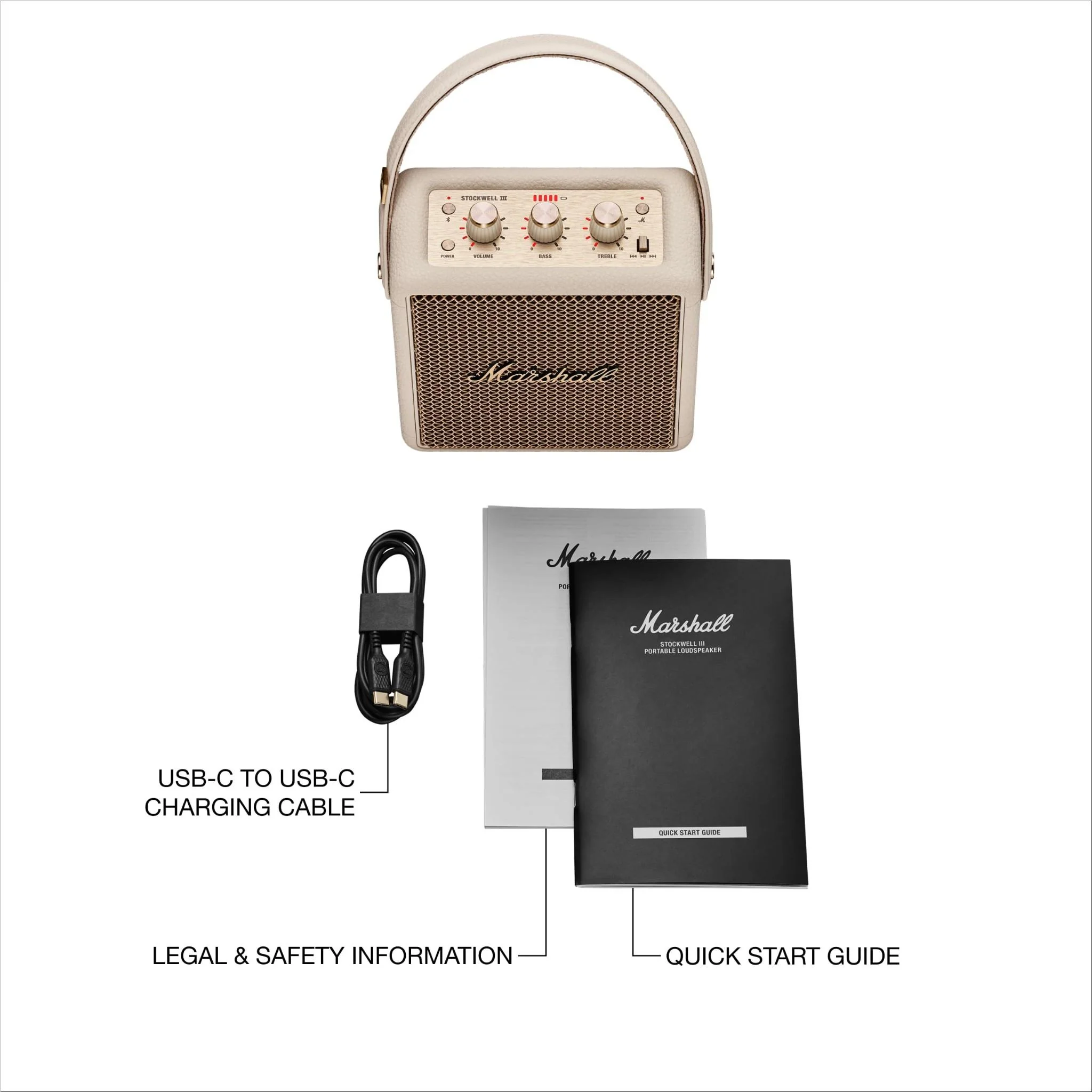 Marshall Stockwell III Lautsprecher mit USB-C-Kabel, Schnellstart- und Rechtsanleitungen.