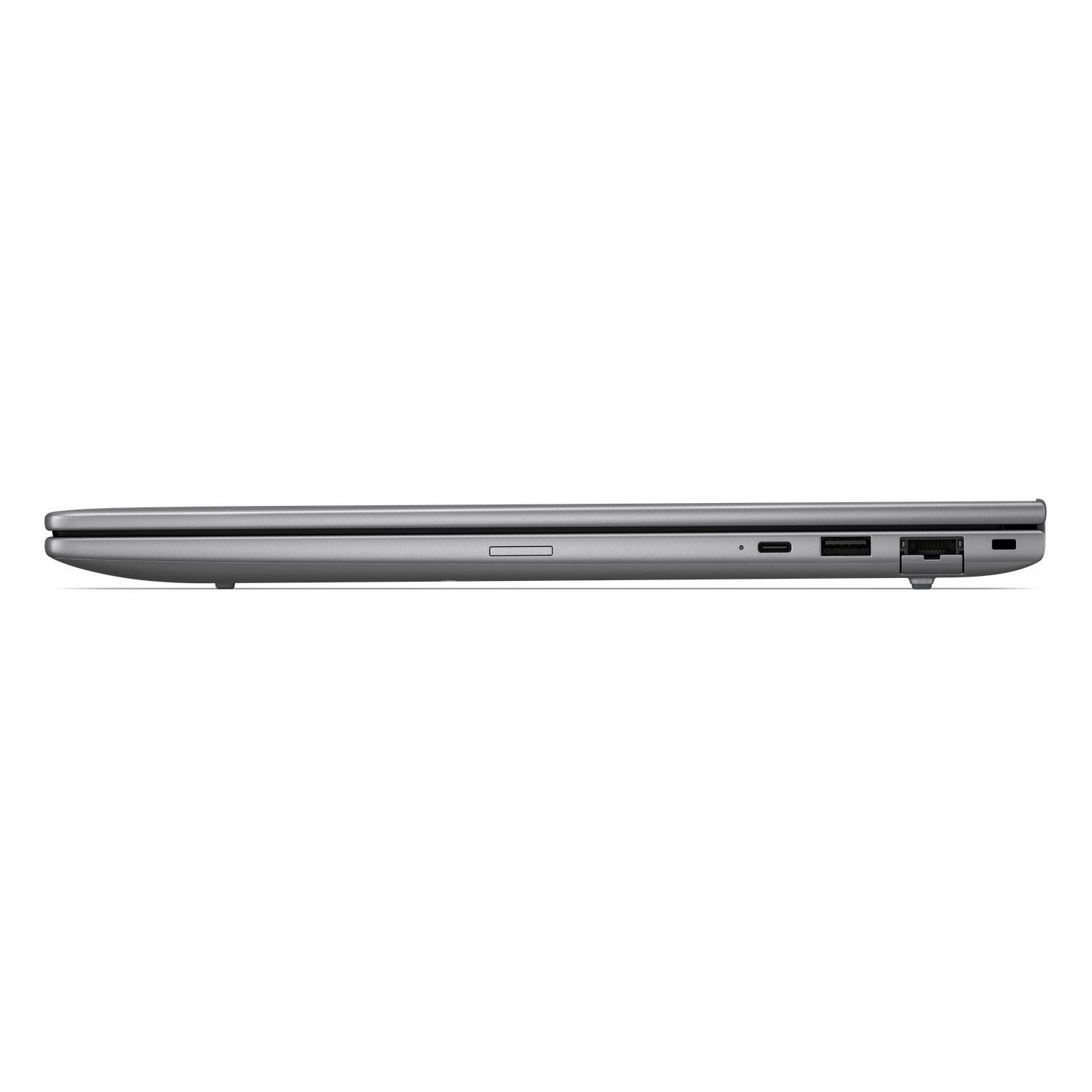 Grijze laptop van de zijkant, met poorten: USB-C, USB-A, SD-kaartlezer.