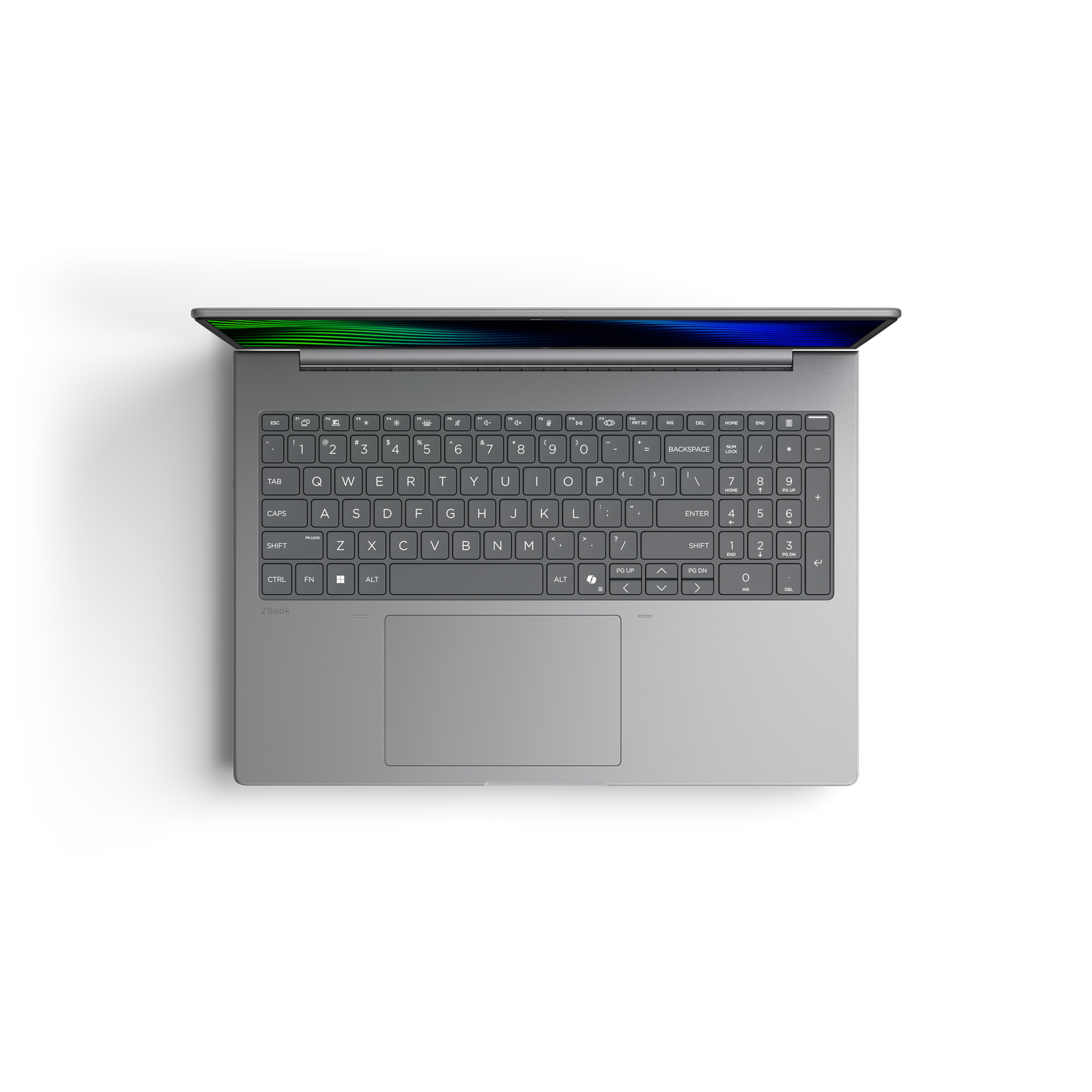 Grijze laptop met open deksel, verlicht toetsenbord van bovenaf gezien.