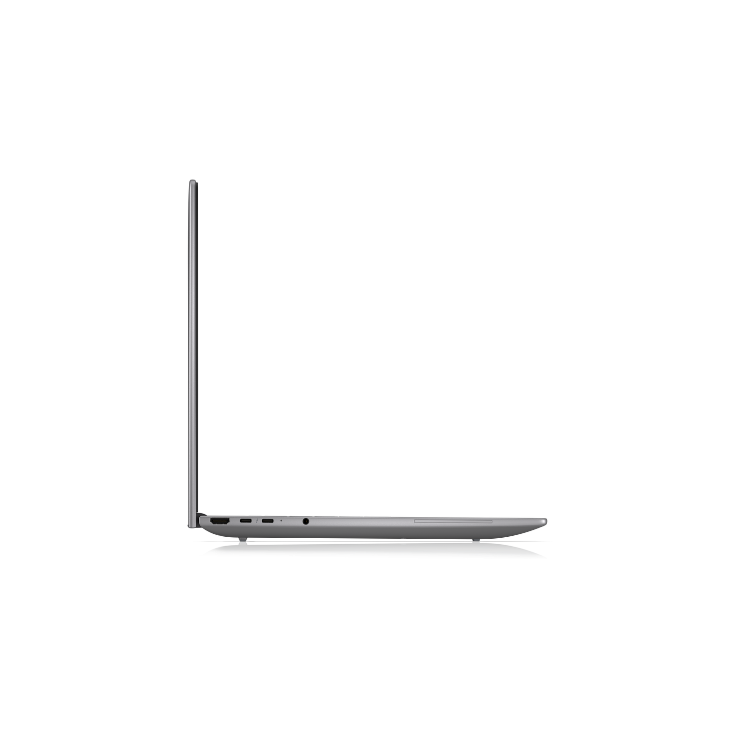 Een gesloten, slanke, grijze laptop in profiel met zichtbare poorten.