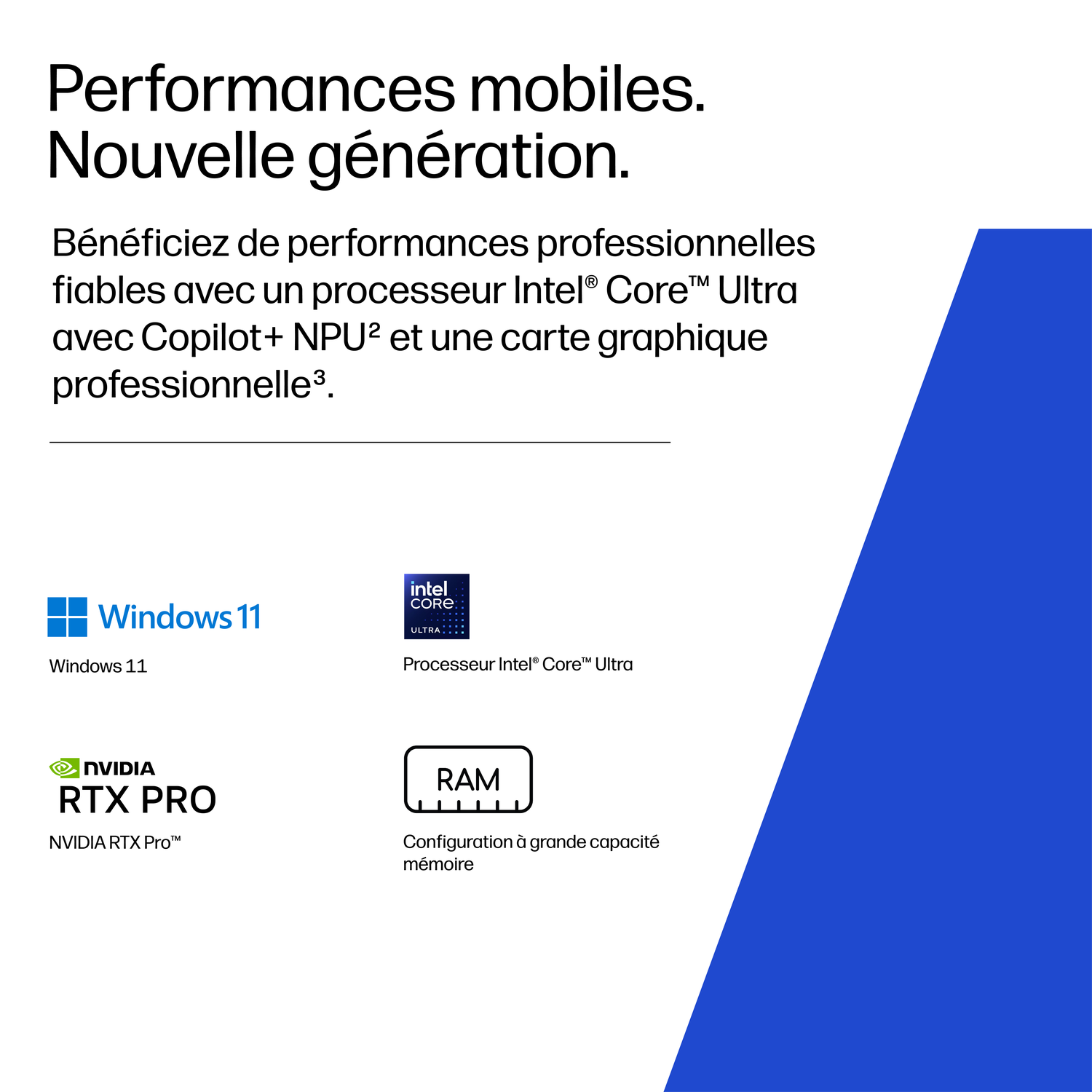 Publicité sur les performances mobiles : Windows 11, Intel Core Ultra, Nvidia RTX Pro et RAM.