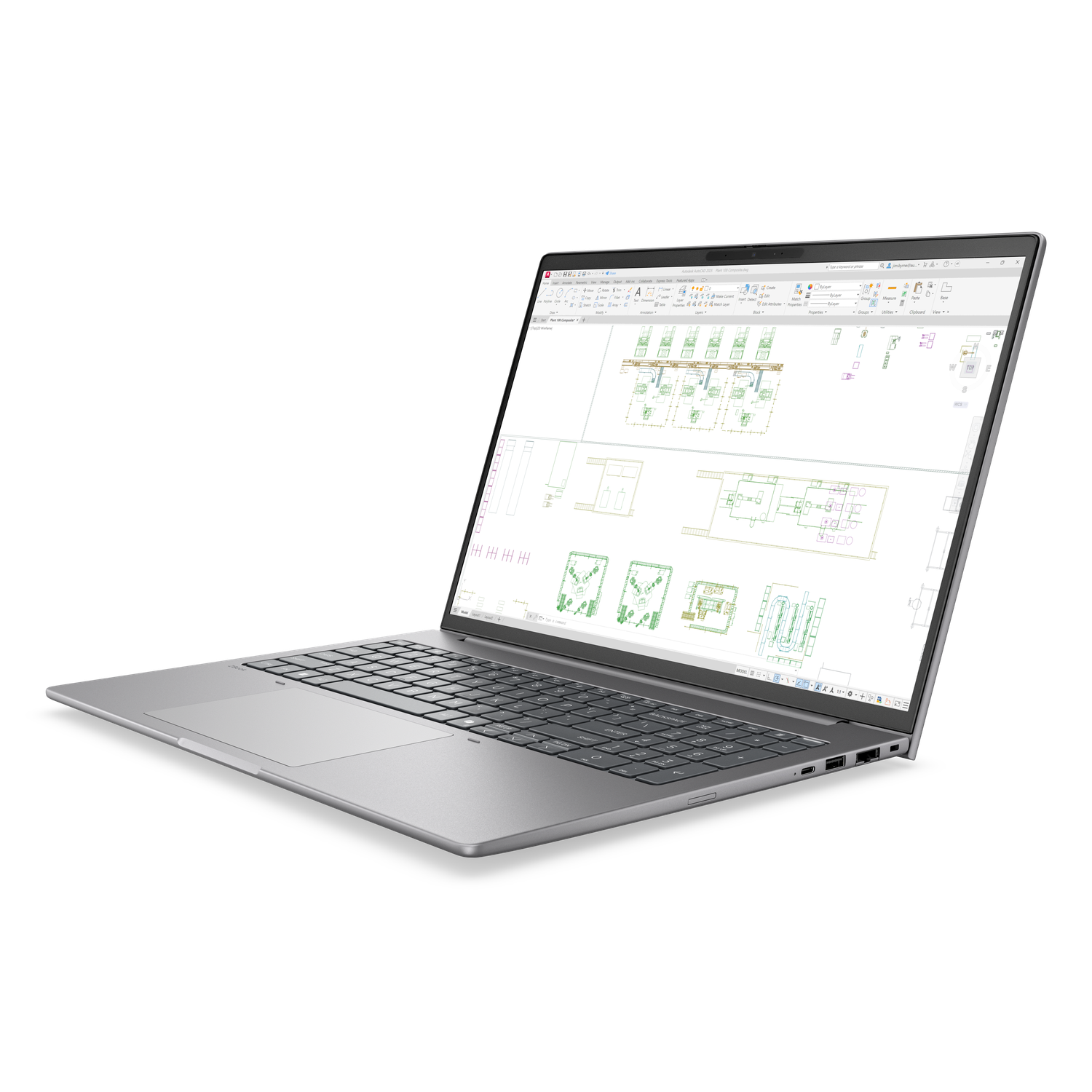 Een zilveren laptop toont technische blauwdrukken op het scherm, op een witte achtergrond.