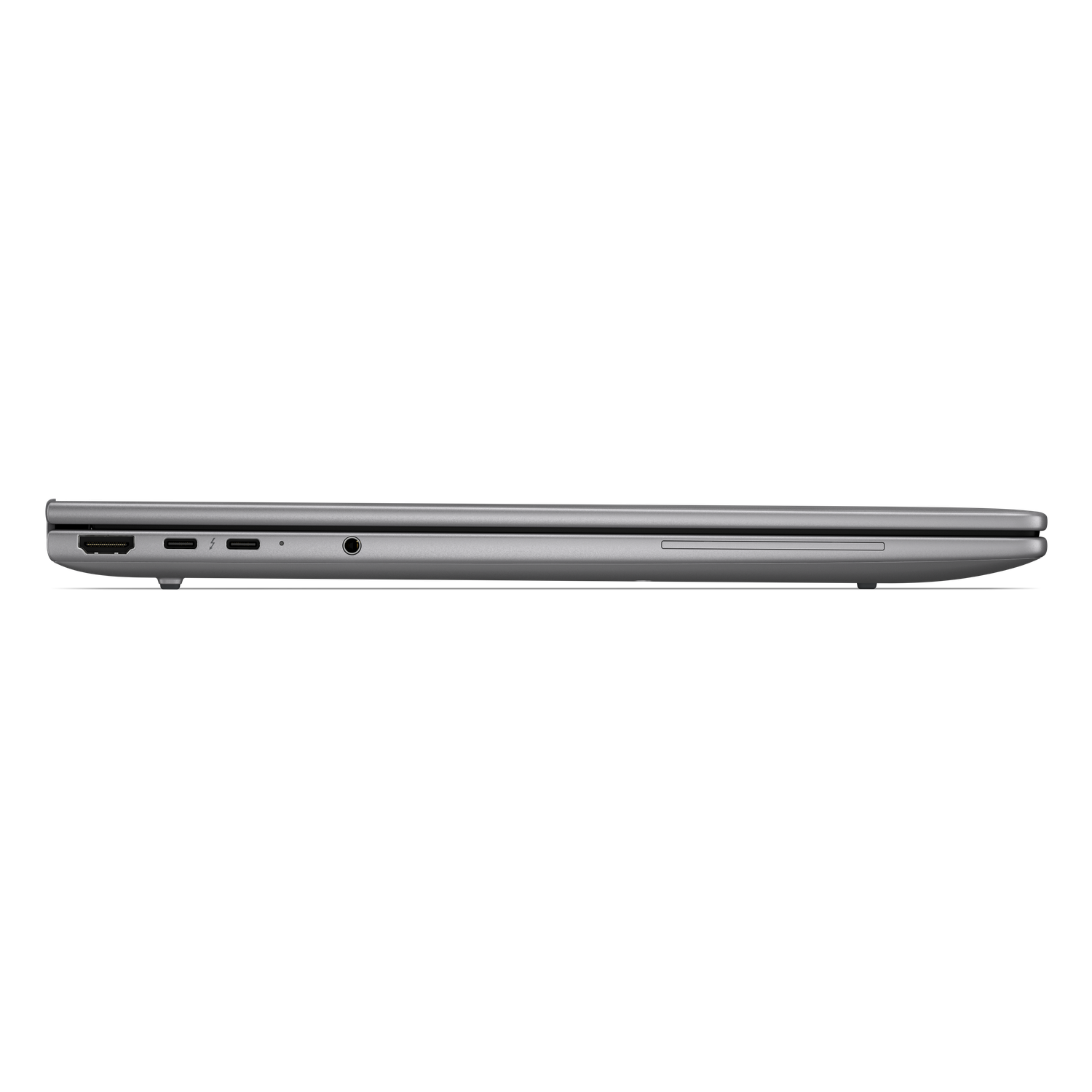 Zilveren laptop zijaanzicht. Poorten: HDMI, USB-C, audio jack.